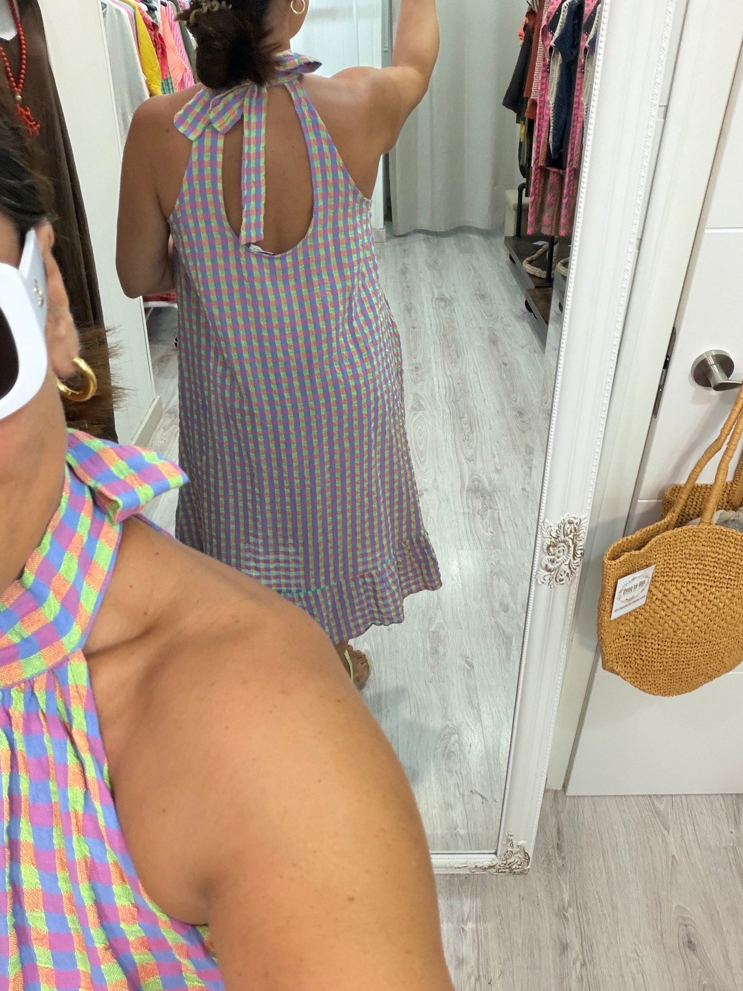 Vestido Cuello halter vichy fluor fucsia, lila y amarillo