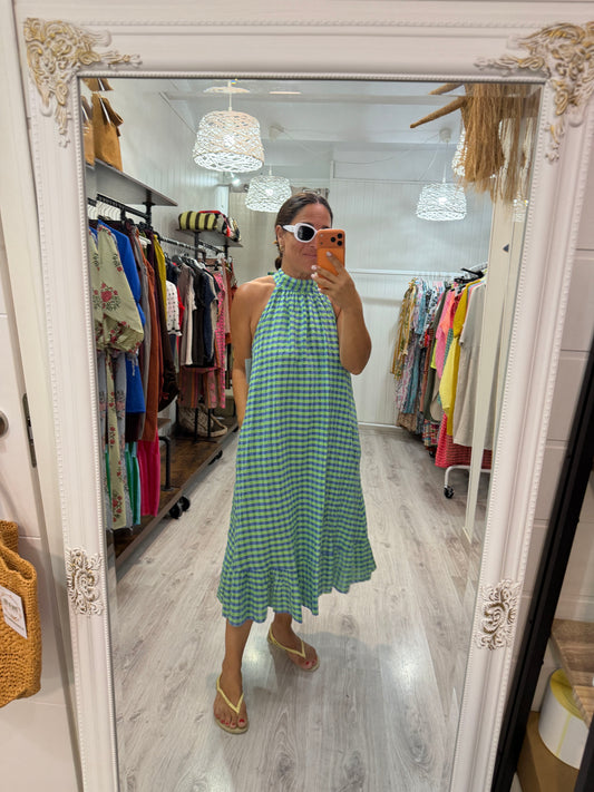Vestido Cuello halter vichy fluor azul y verde