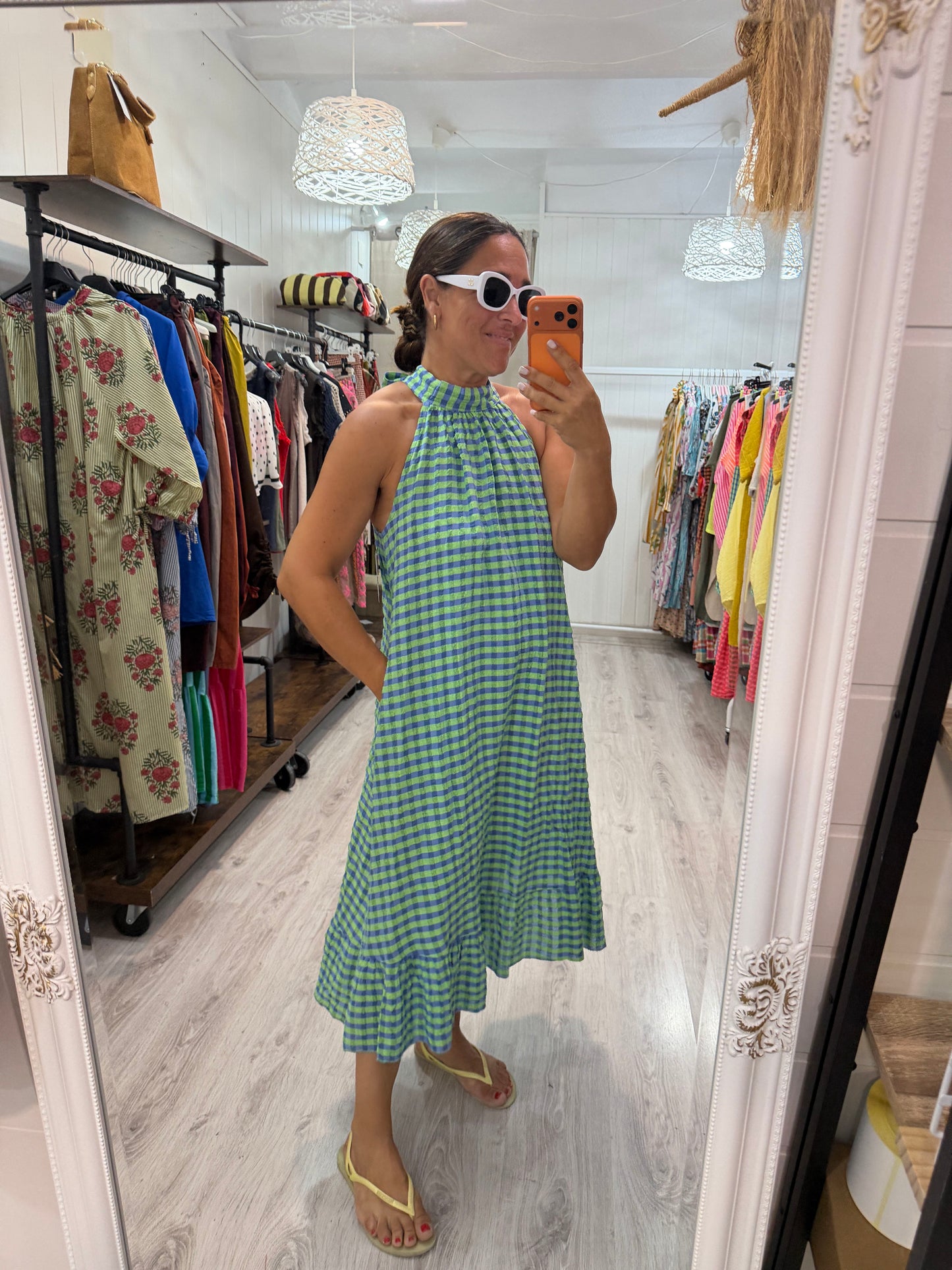 Vestido Cuello halter vichy fluor azul y verde