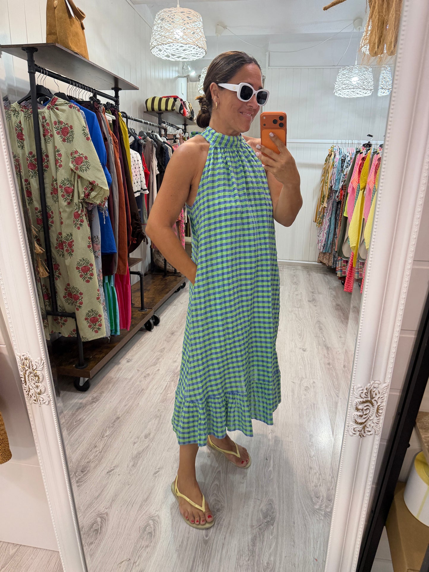 Vestido Cuello halter vichy fluor azul y verde