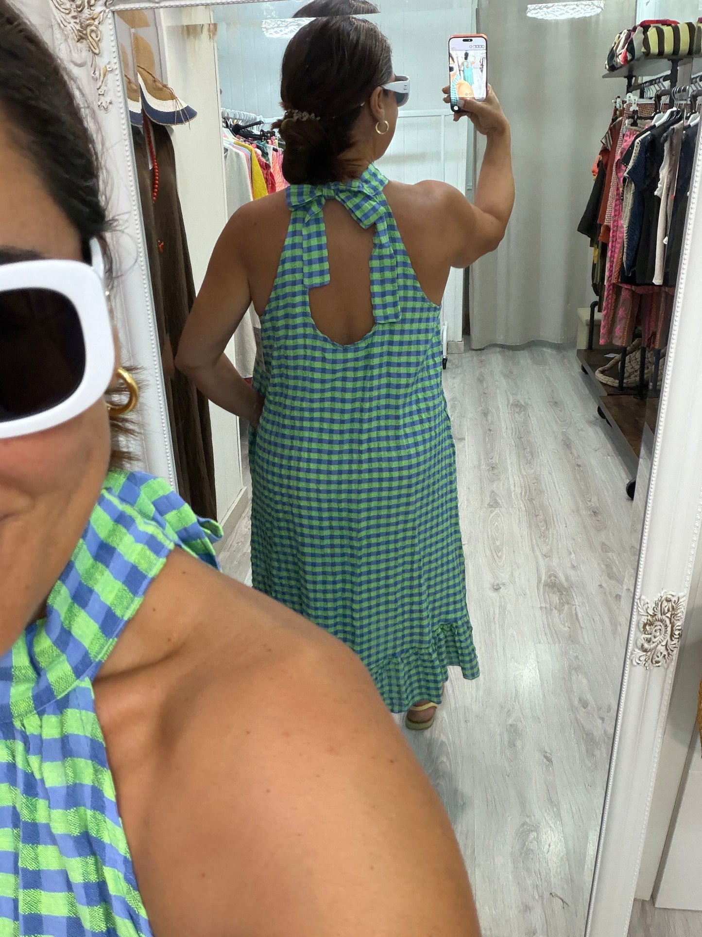 Vestido Cuello halter vichy fluor azul y verde