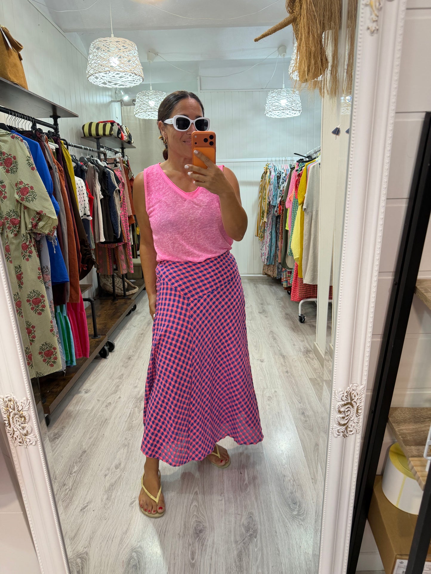 Falda Vichy fluor azul y fucsia