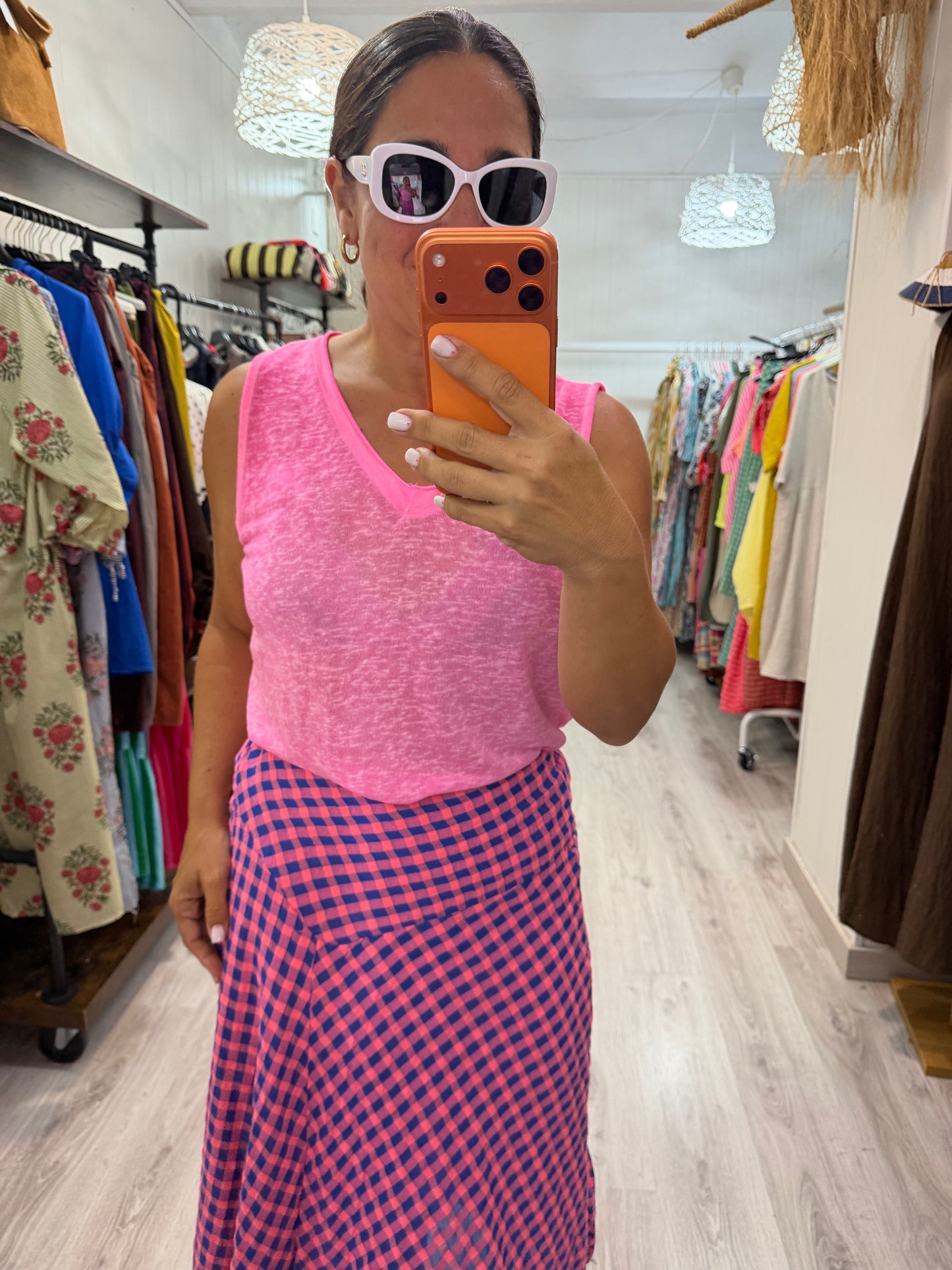 Falda Vichy fluor azul y fucsia