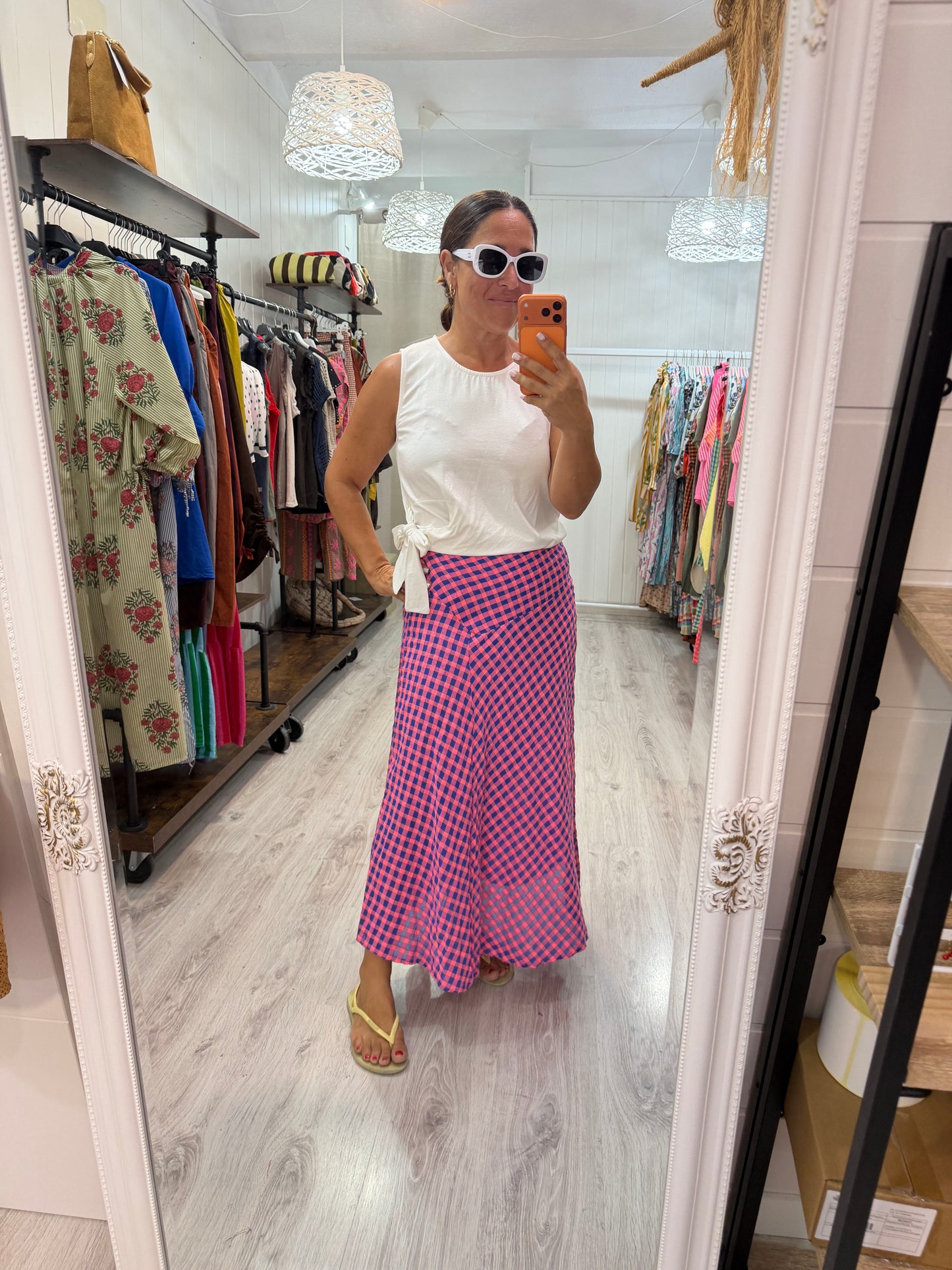 Falda Vichy fluor azul y fucsia