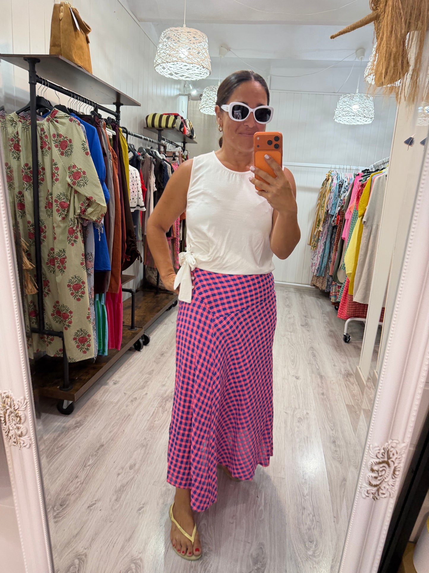 Falda Vichy fluor azul y fucsia