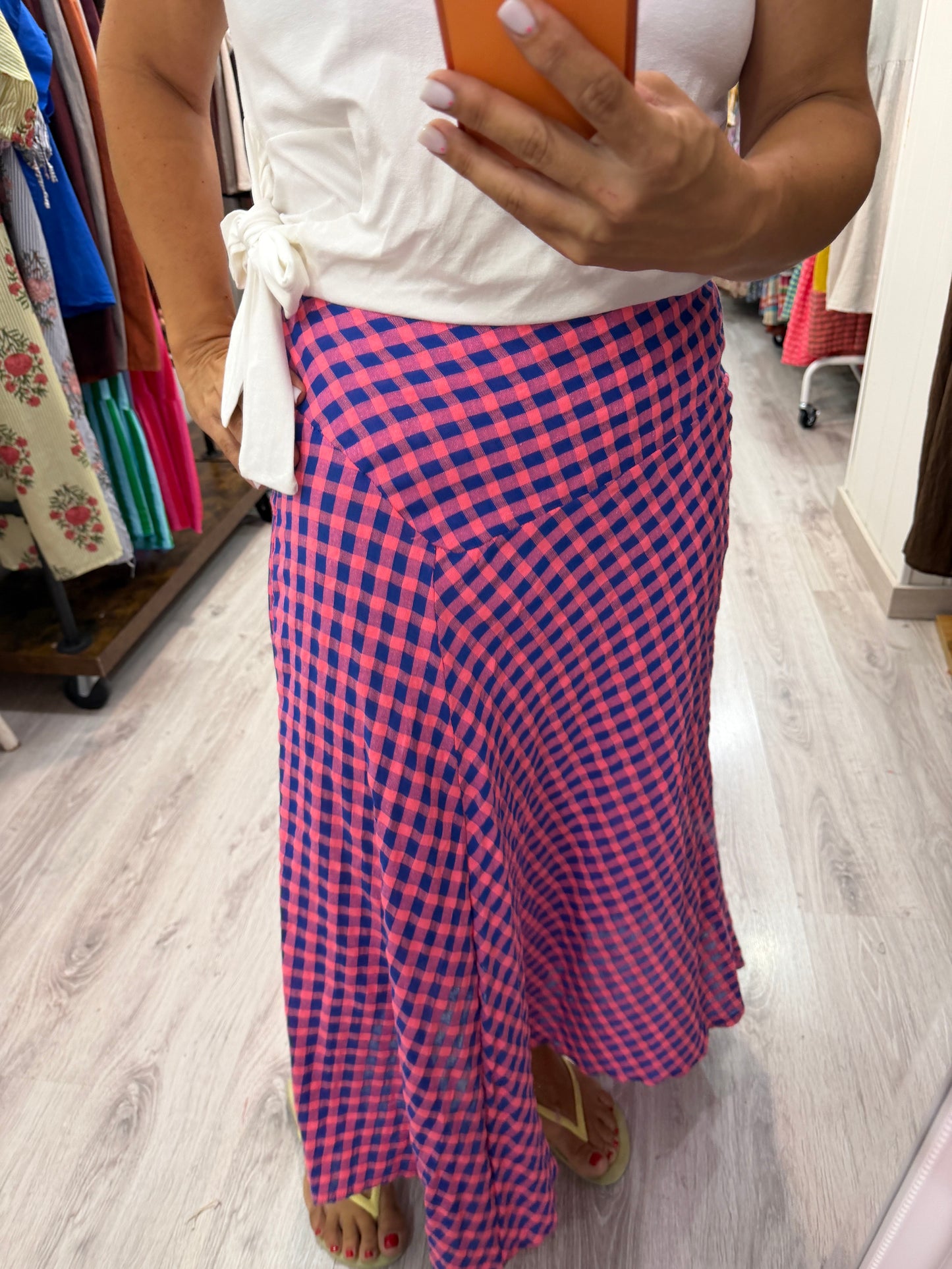 Falda Vichy fluor azul y fucsia