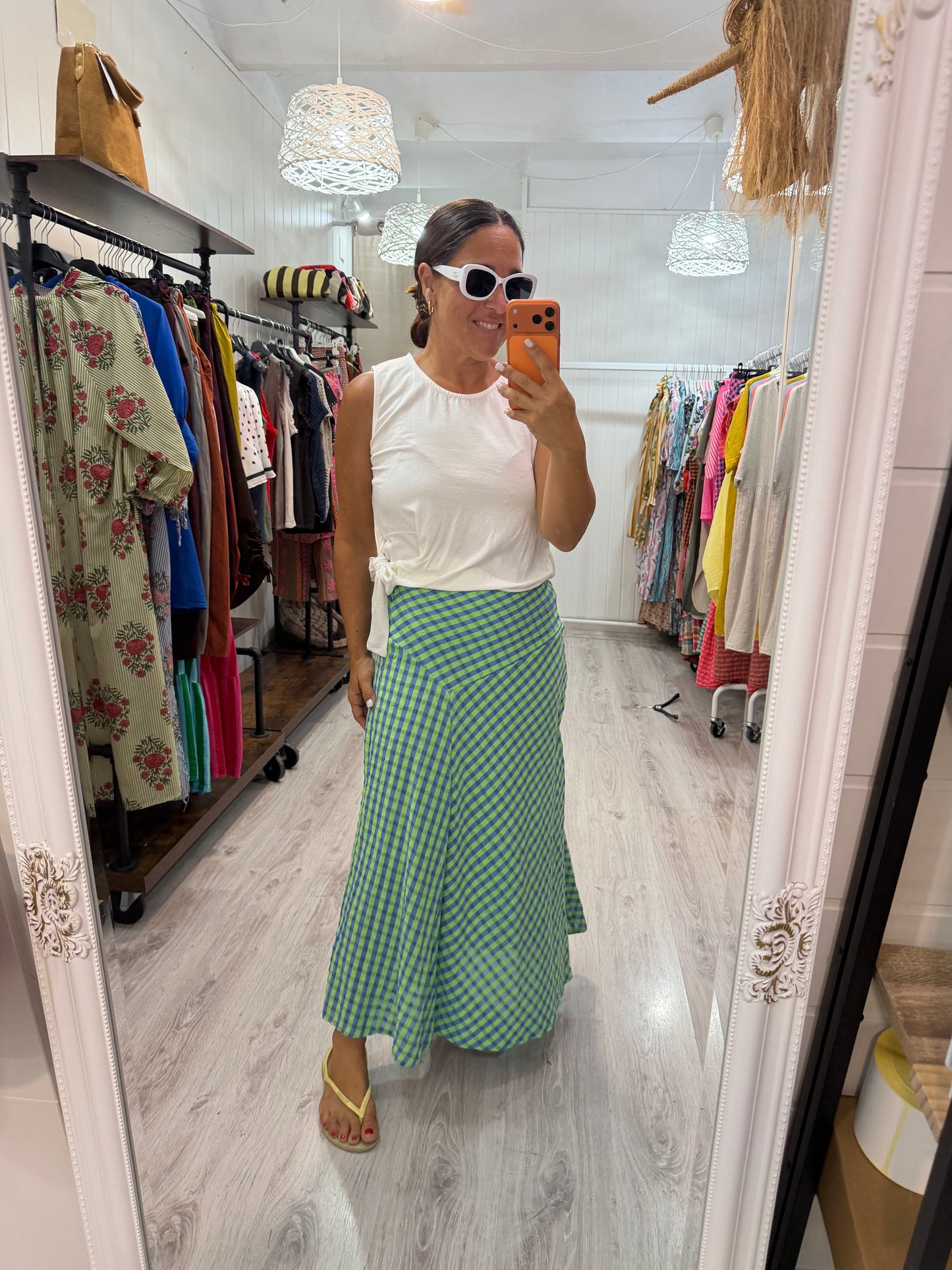 Falda Vichy fluor azul y verde