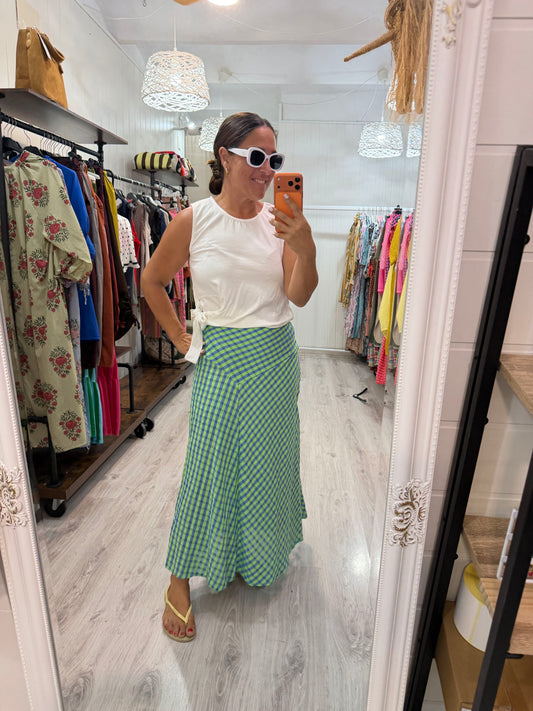 Falda Vichy fluor azul y verde