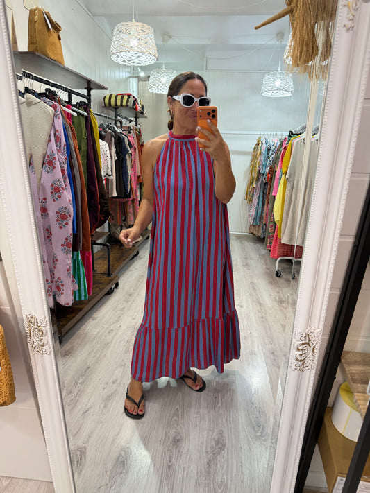 Vestido Cascais halter azul y burdeos