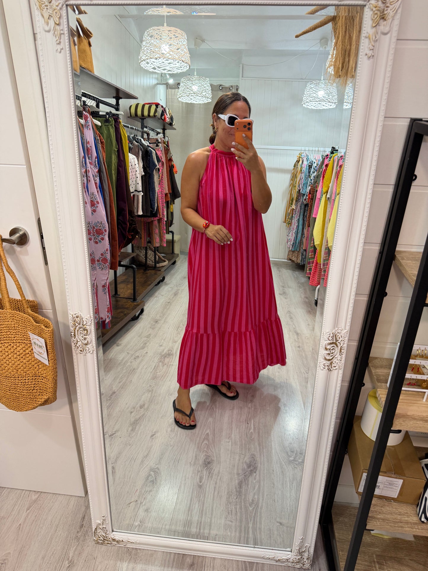 Vestido Cascais halter fucsia y rojo