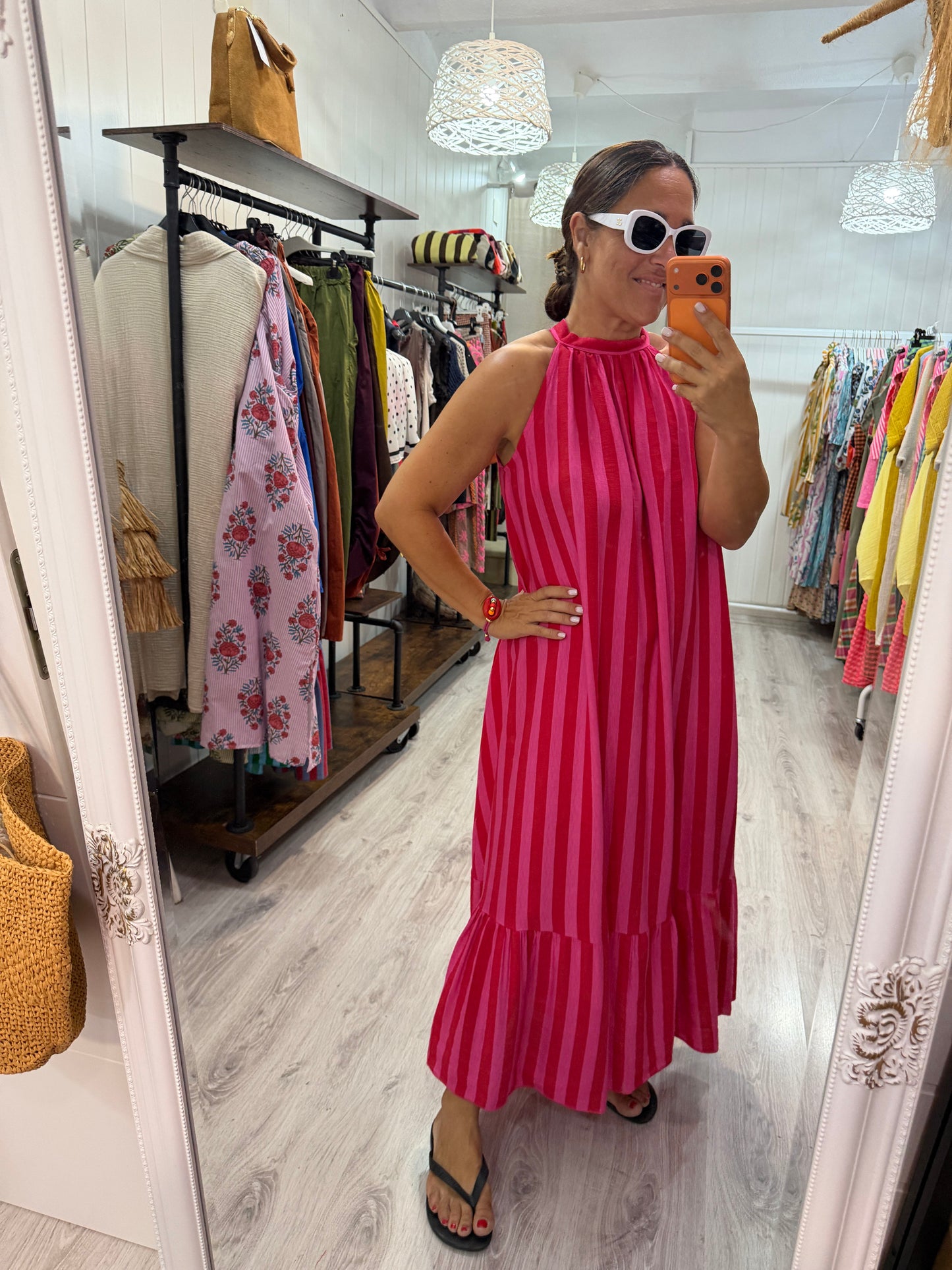 Vestido Cascais halter fucsia y rojo