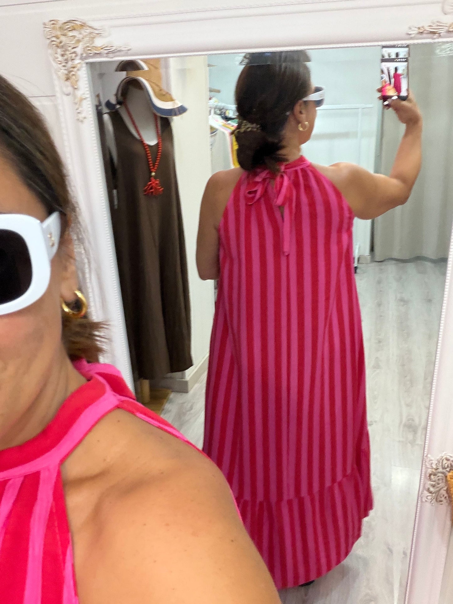 Vestido Cascais halter fucsia y rojo