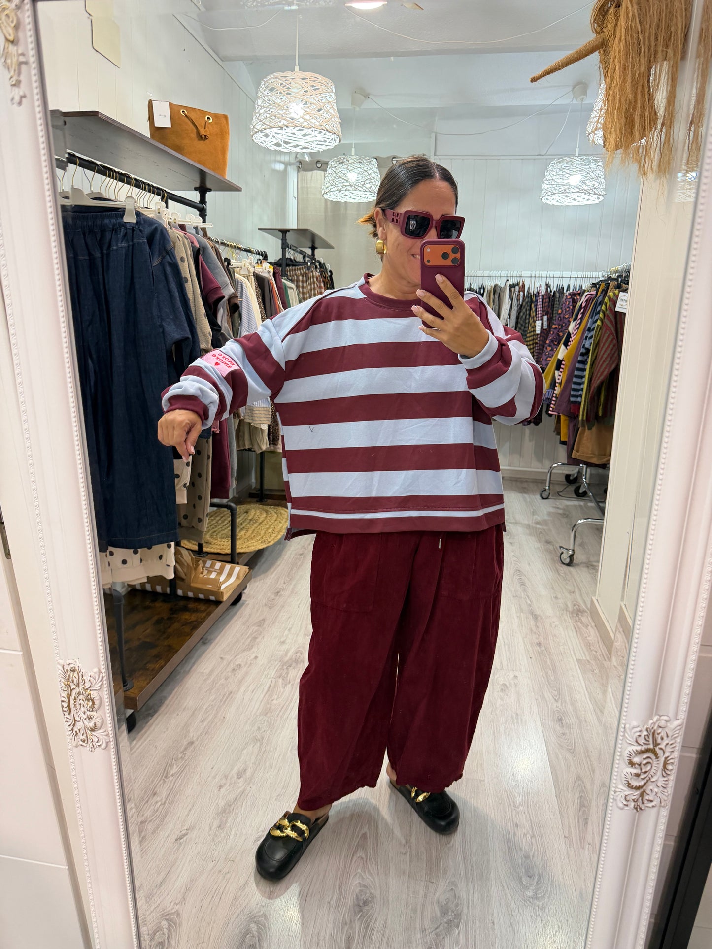 Sudadera Oversize rayas more amore cielo y burdeos