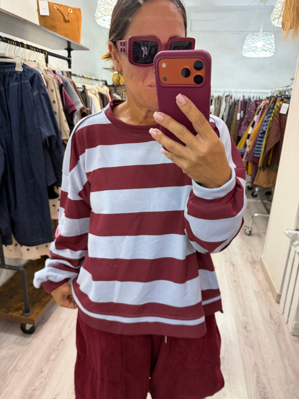 Sudadera Oversize rayas more amore cielo y burdeos