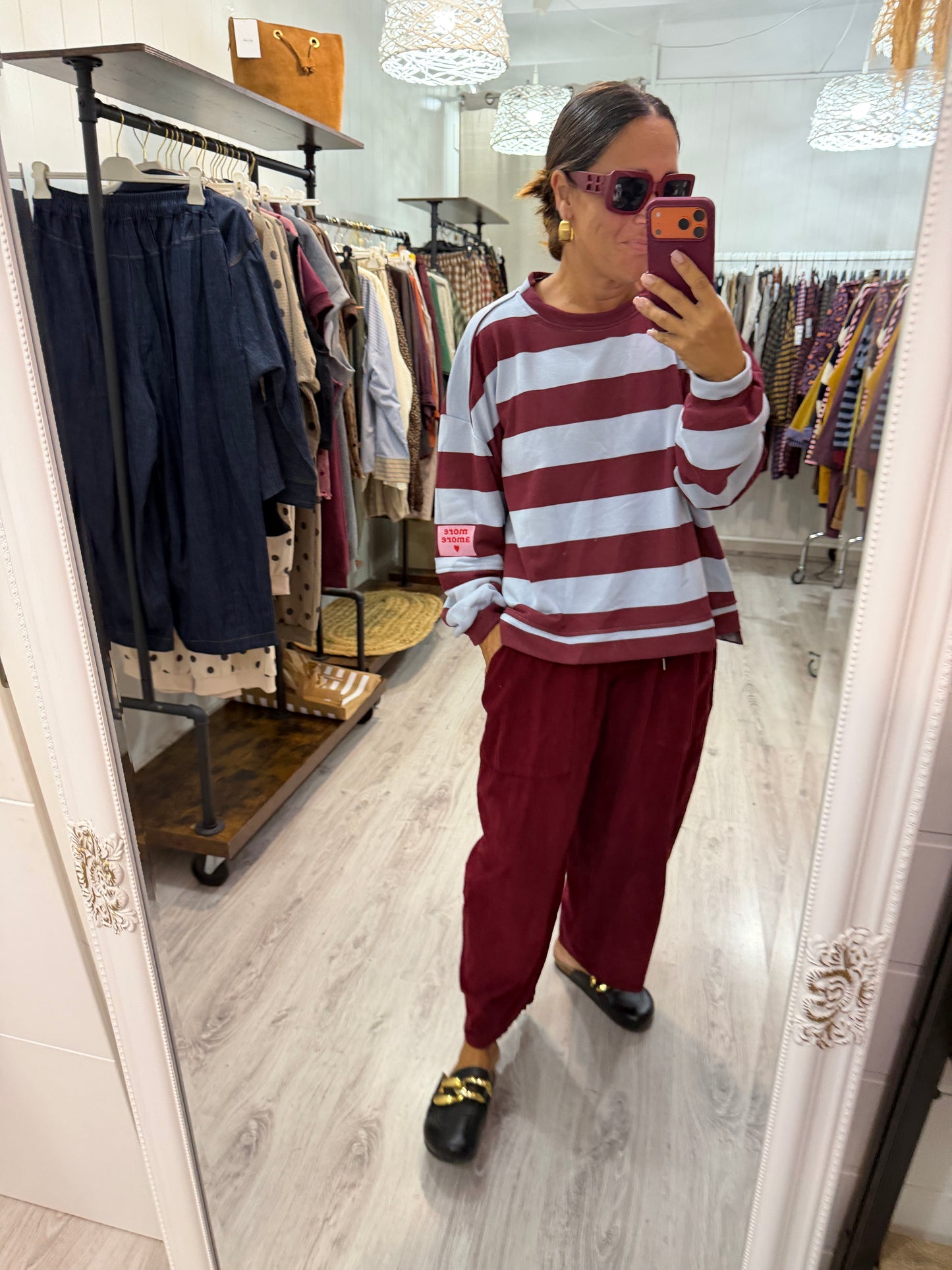 Sudadera Oversize rayas more amore cielo y burdeos