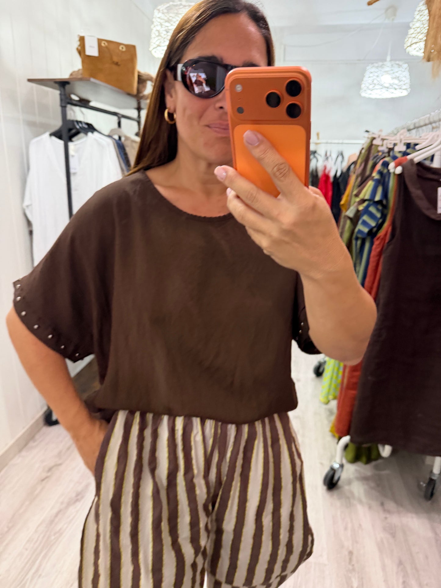 Pantalón Corfú doble raya Chocolate, beige y amarillo