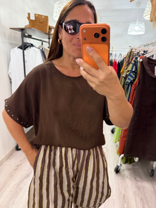 Pantalón Corfú doble raya Chocolate, beige y amarillo