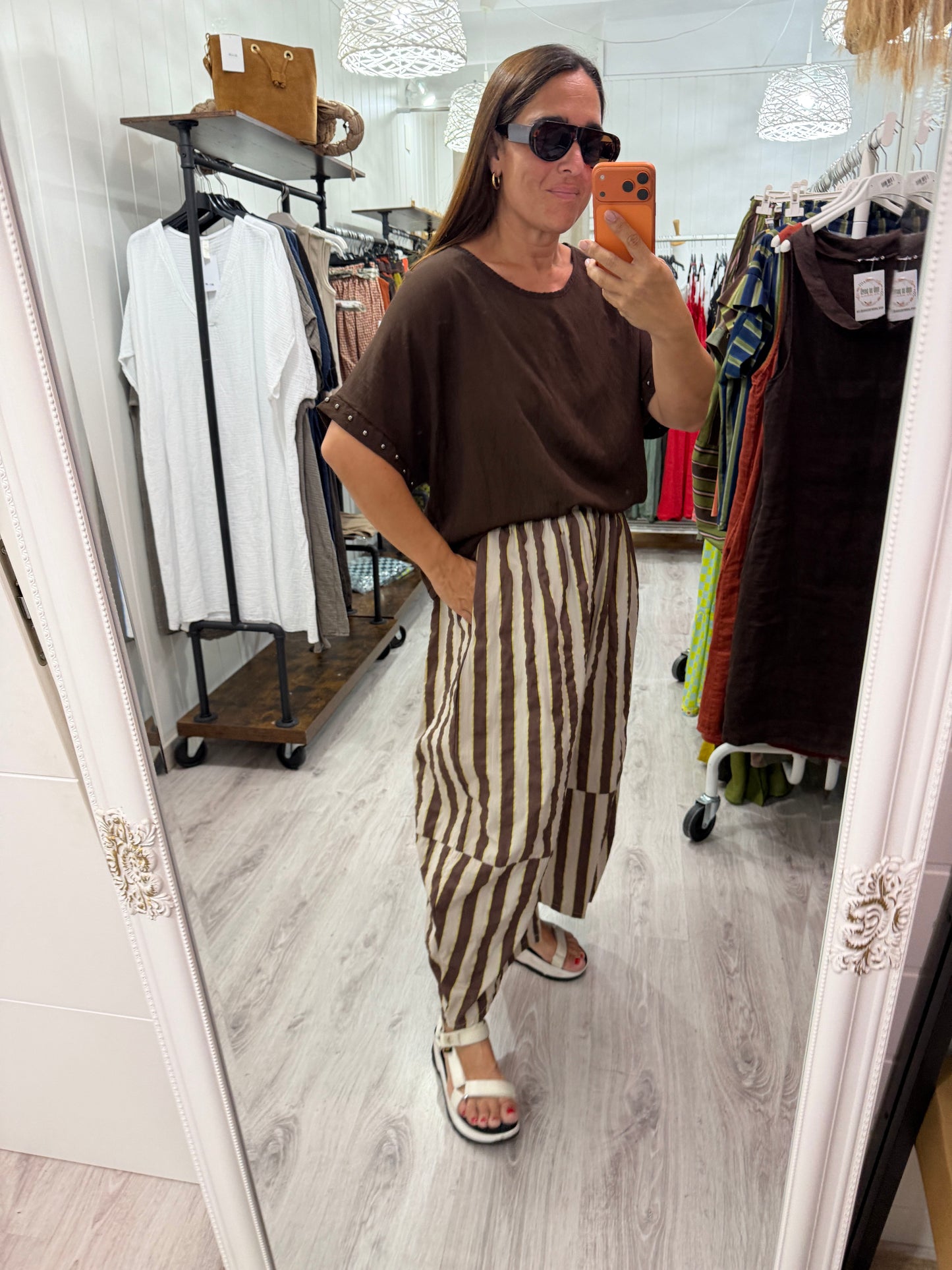 Pantalón Corfú doble raya Chocolate, beige y amarillo