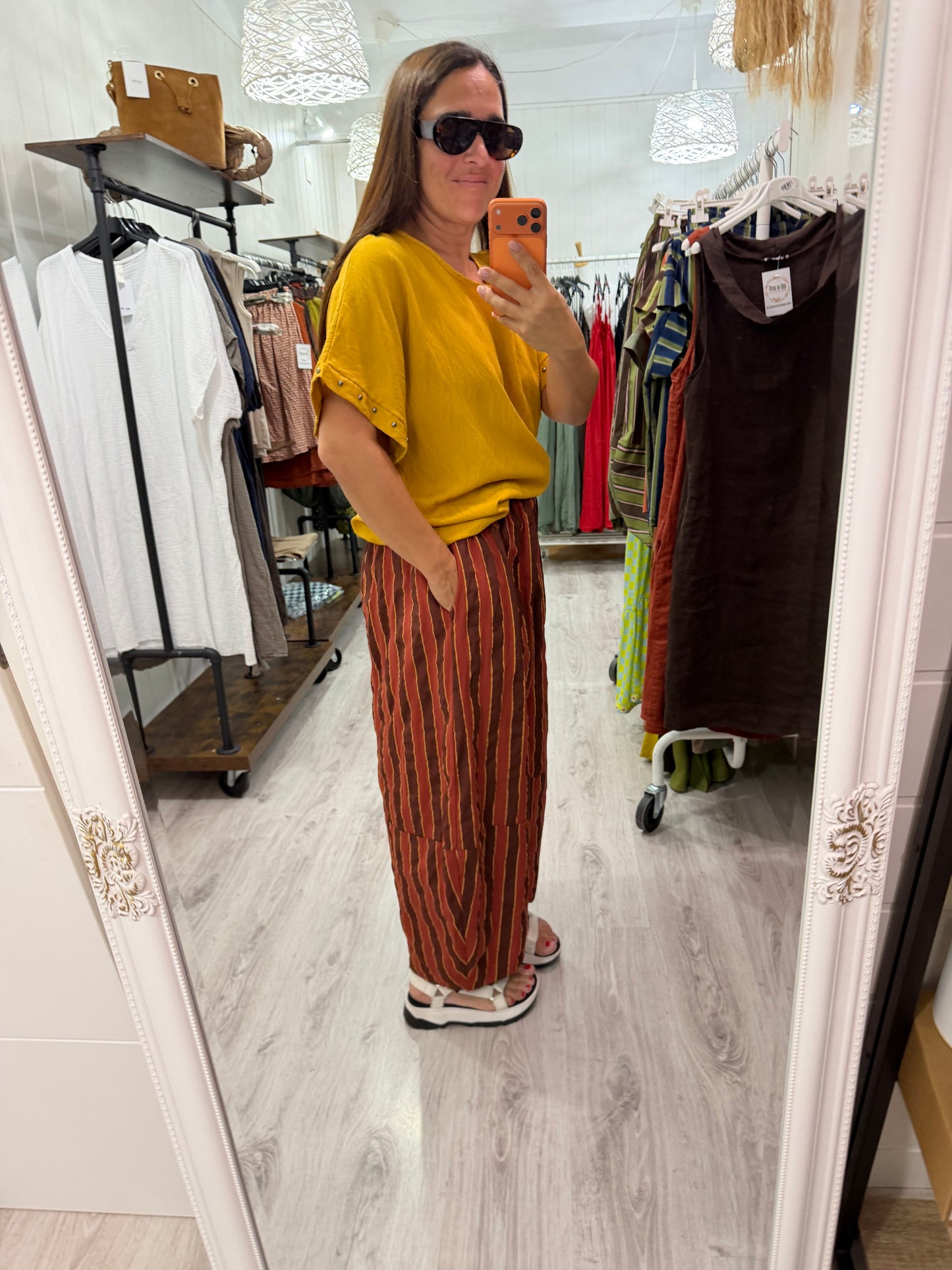 Pantalón Corfú doble raya mostaza, burdeos y amarilo