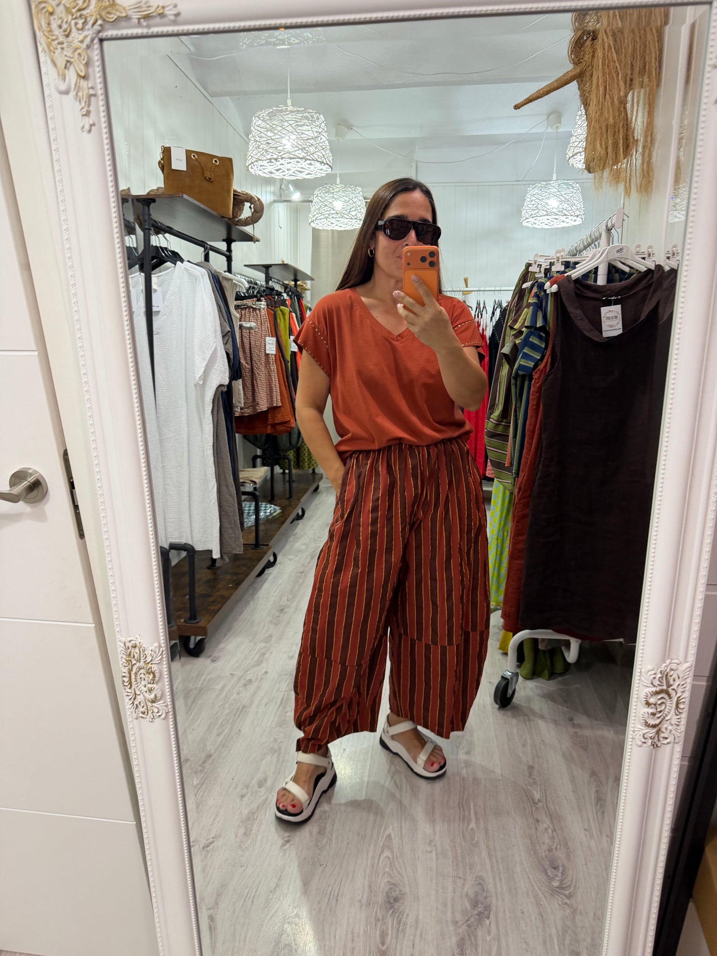 Pantalón Corfú doble raya mostaza, burdeos y amarilo