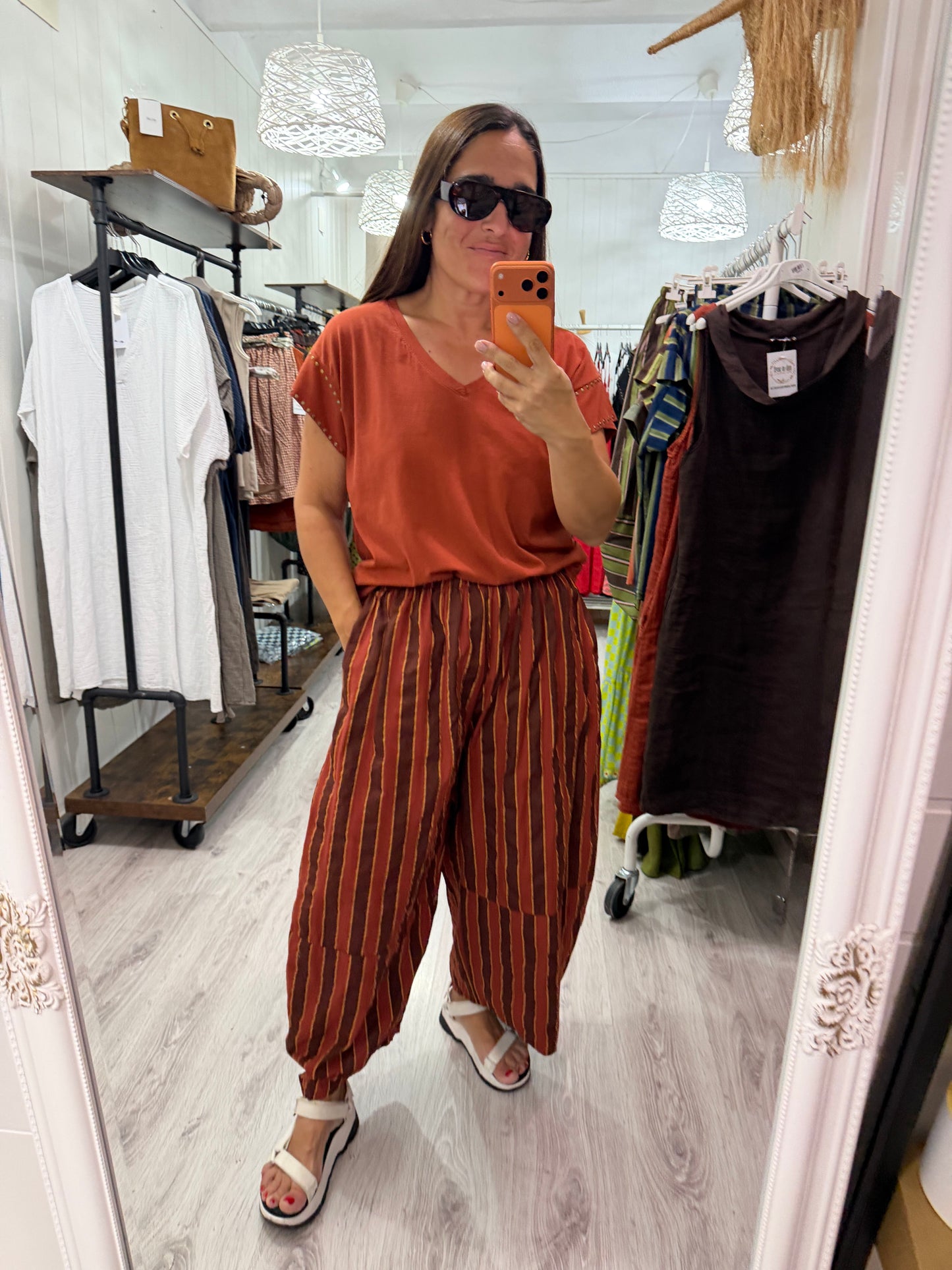Pantalón Corfú doble raya mostaza, burdeos y amarilo