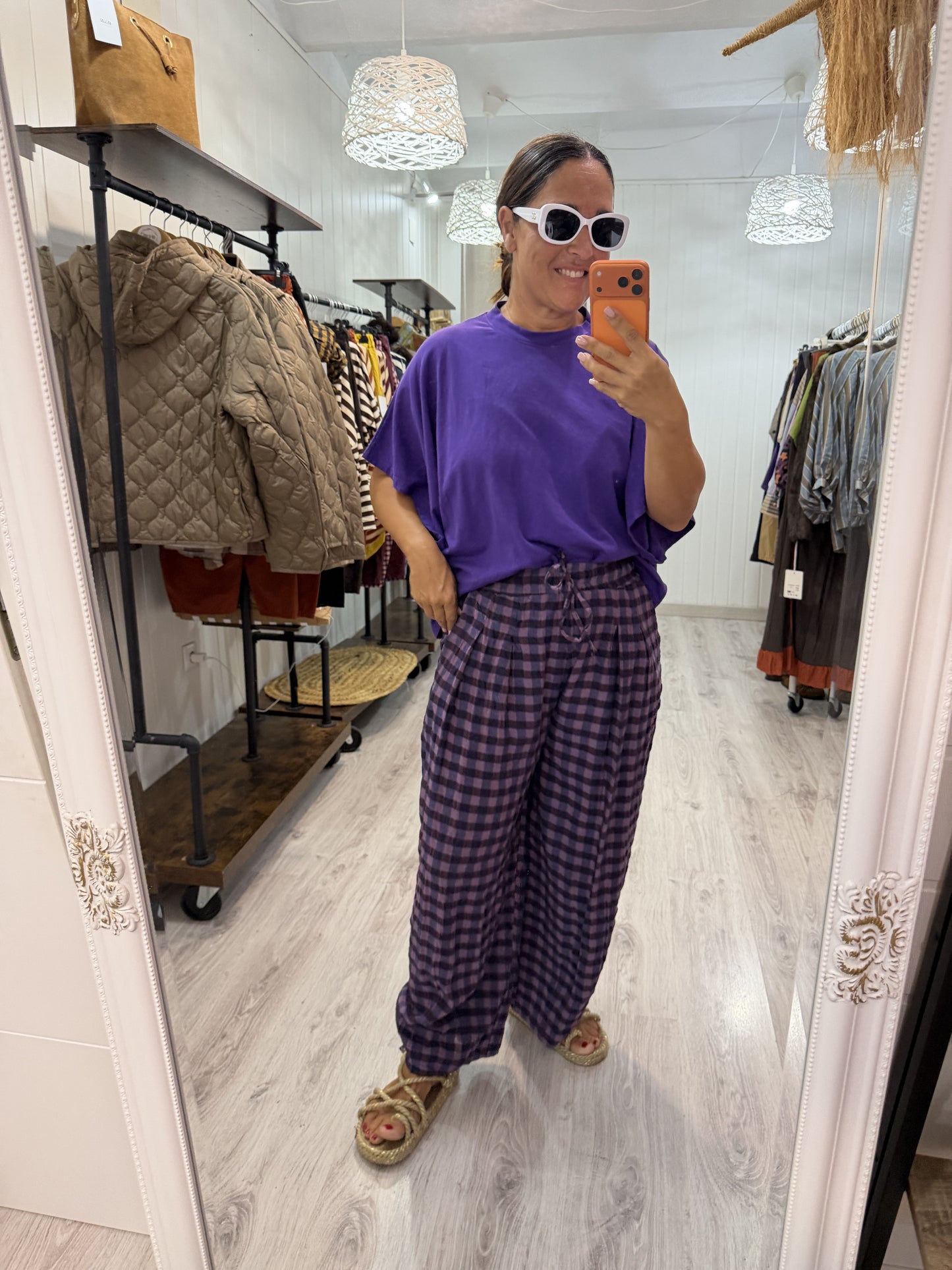 Pantalón Vichy obsession lila y berenjena