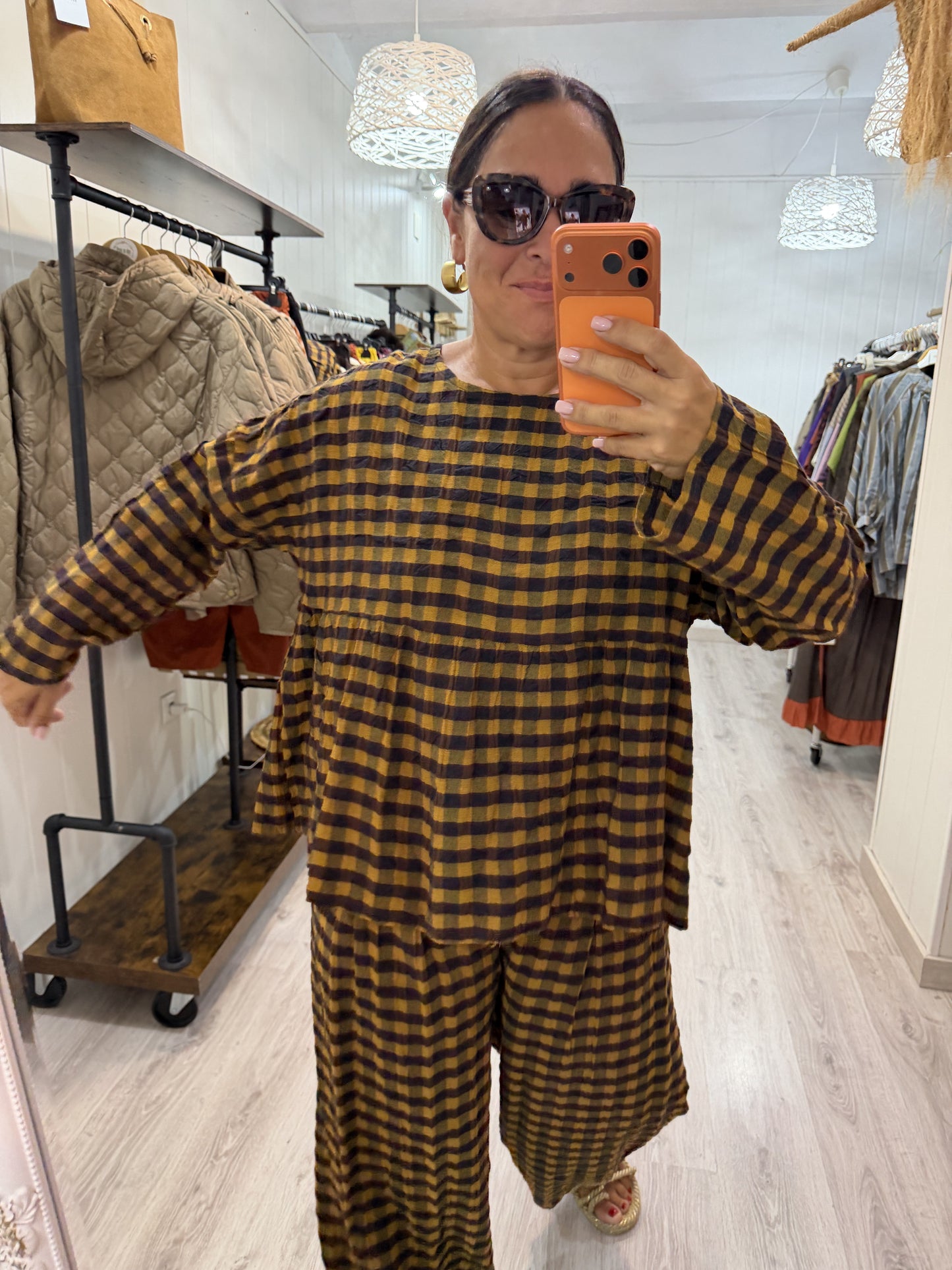 Blusa Vichy Obsession mostaza y chocolate
