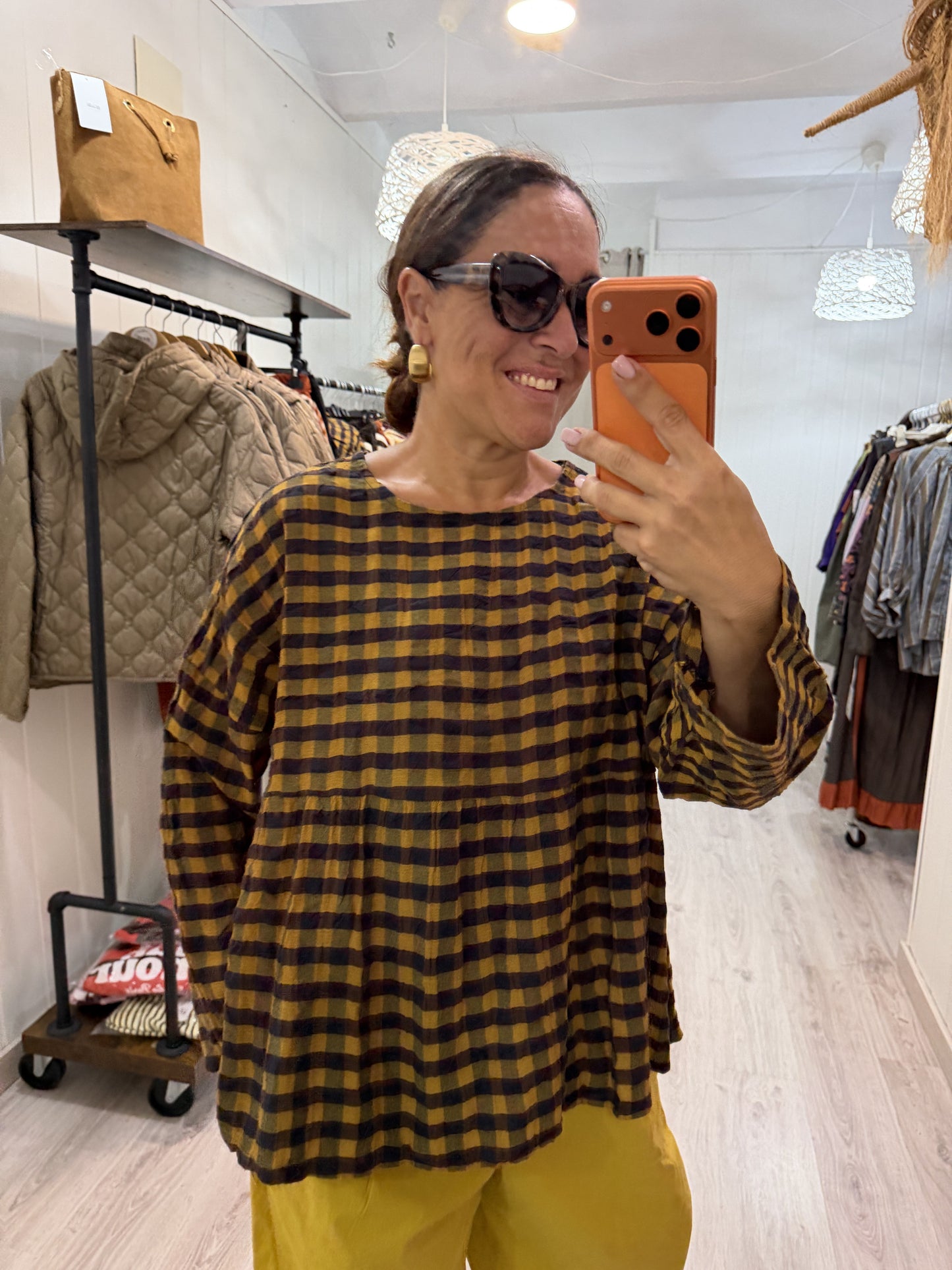 Blusa Vichy Obsession mostaza y chocolate