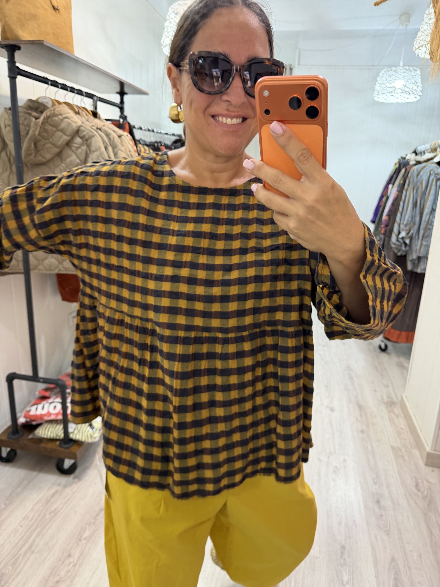 Blusa Vichy Obsession mostaza y chocolate