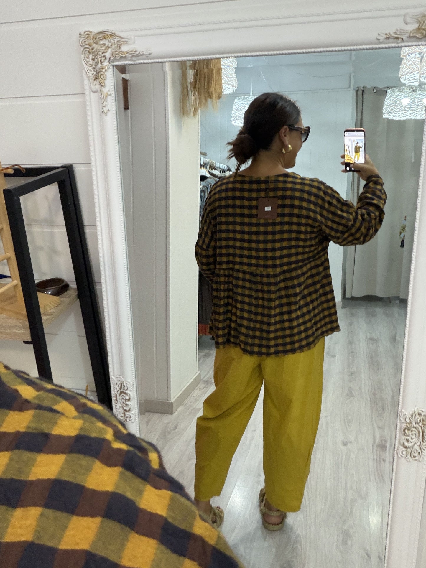 Blusa Vichy Obsession mostaza y chocolate
