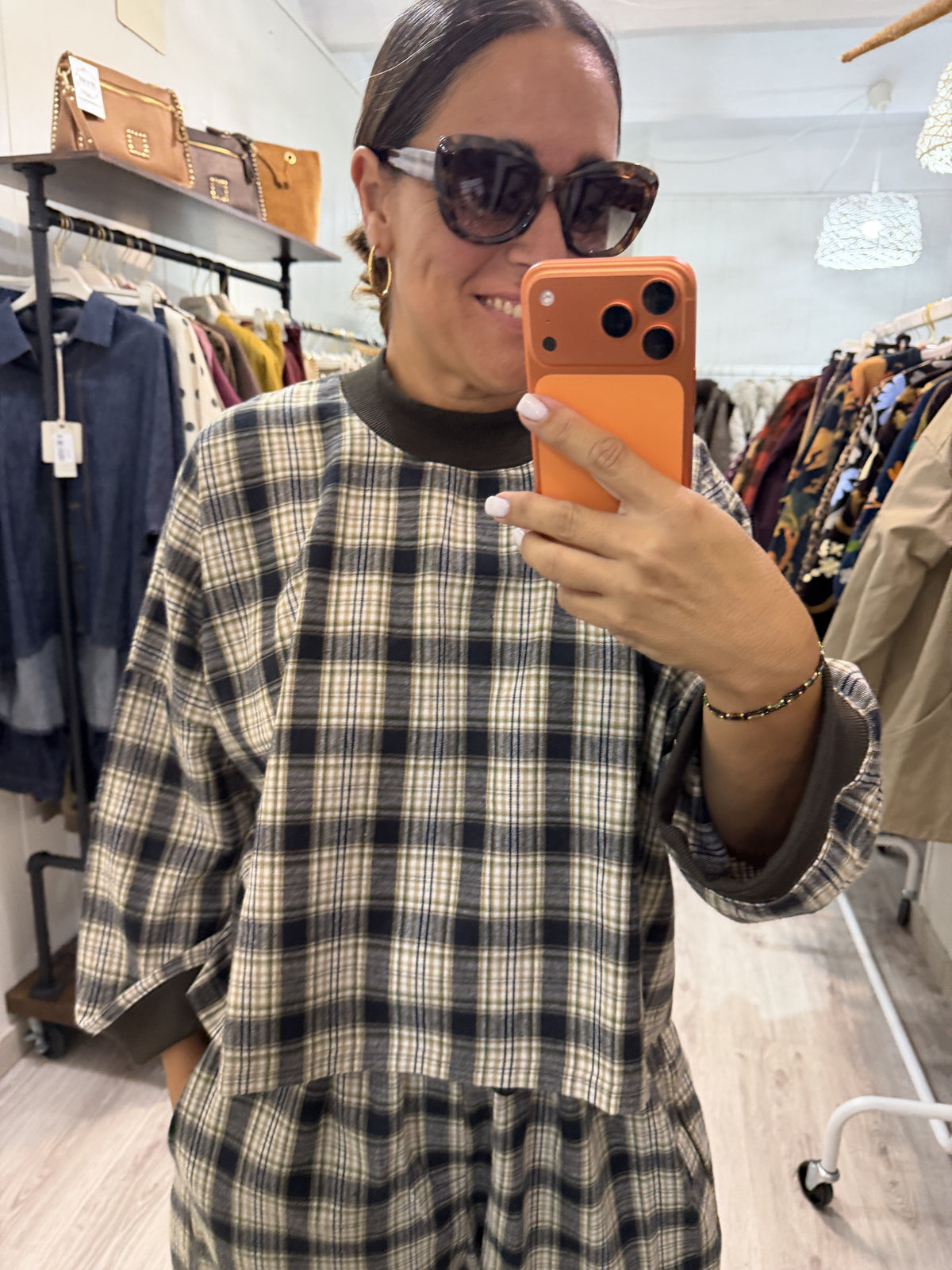 Conjunto Aiko tartan marino, kaki y beige