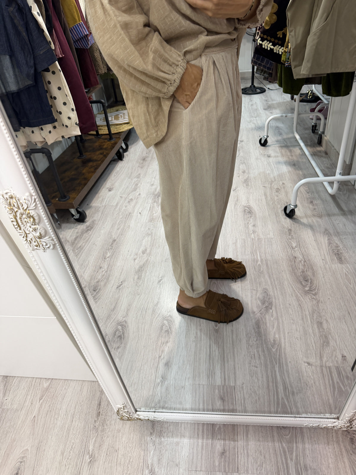 Pantalon pana slouchy beige