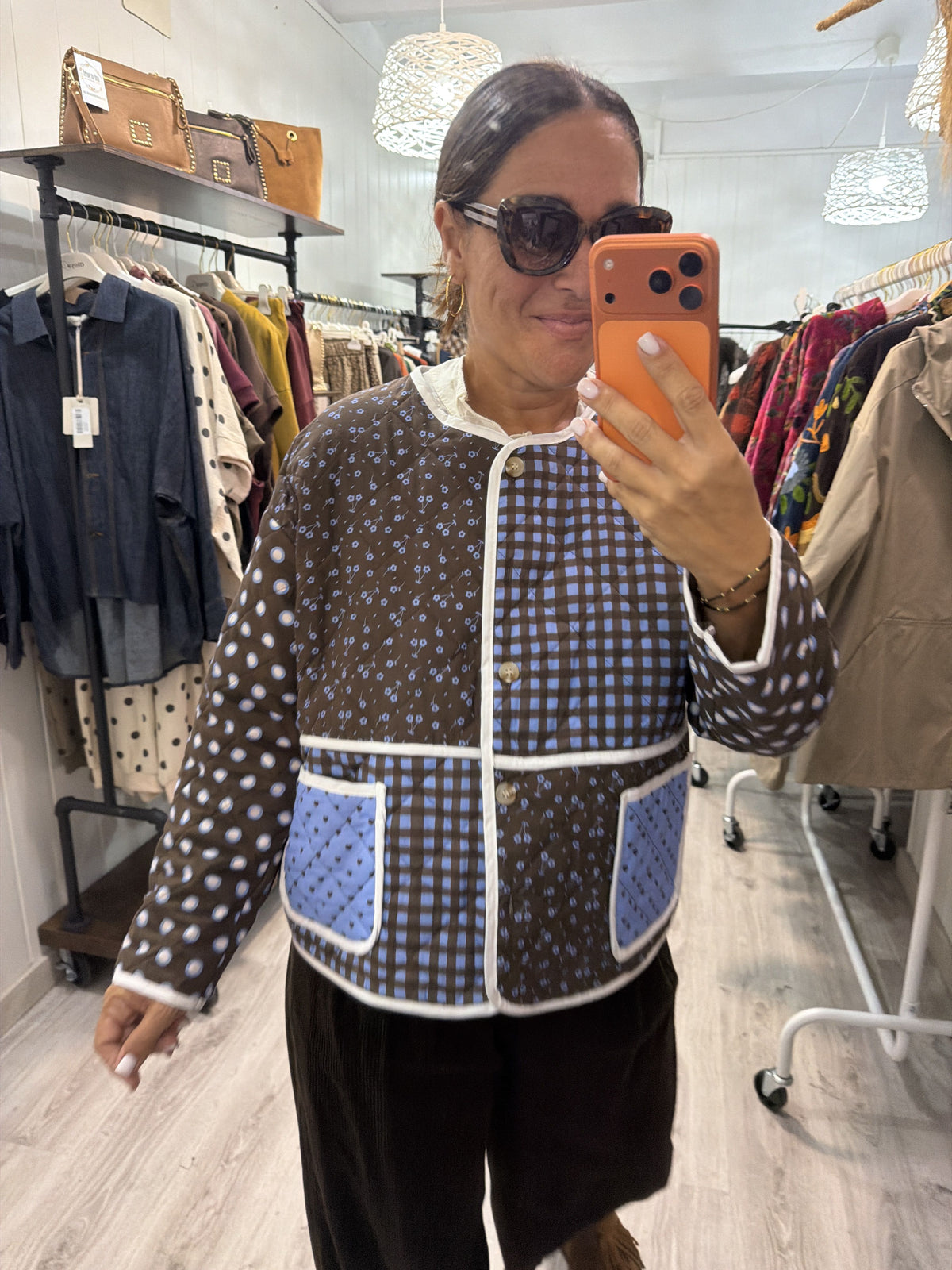 Chaqueta Patch acolchada azul y chocolate