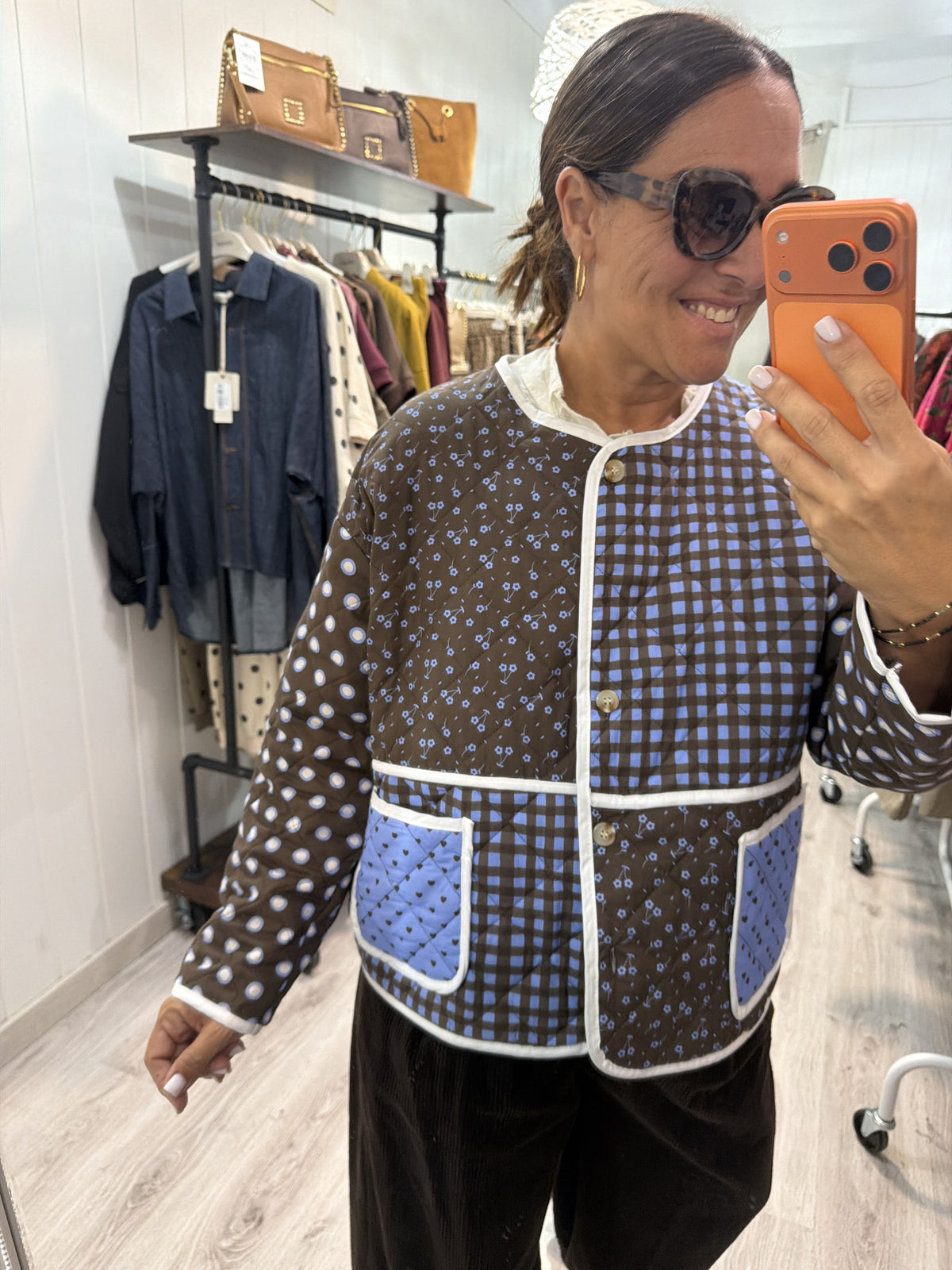Chaqueta Patch acolchada azul y chocolate