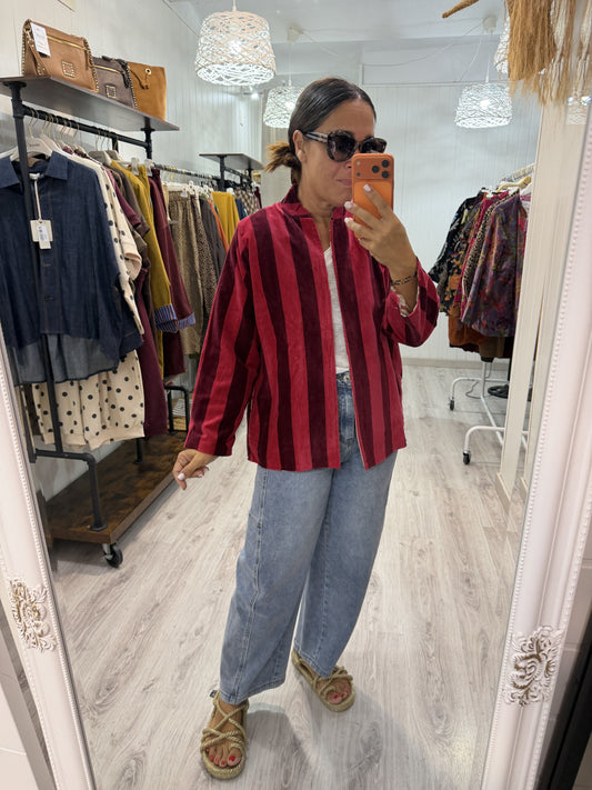 Chaqueta Suzani terciopelo estampado rayas burdeos y fucsia