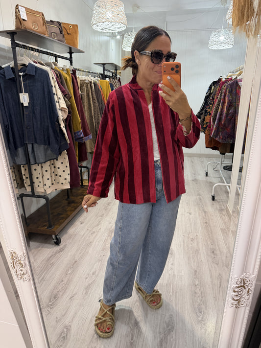 Chaqueta Suzani terciopelo estampado rayas burdeos y fucsia