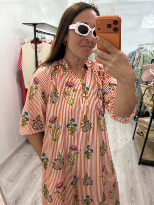 Kaftan Nur milrayas naranja y flores
