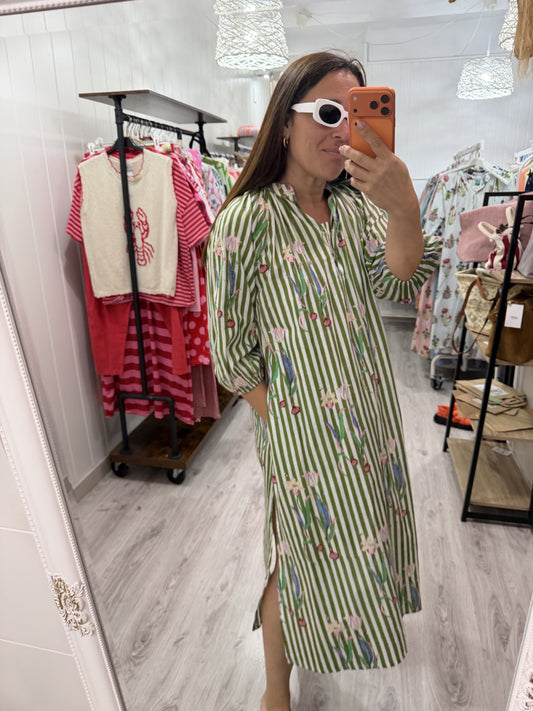 Kaftan Nur rayas verde y tulipanes