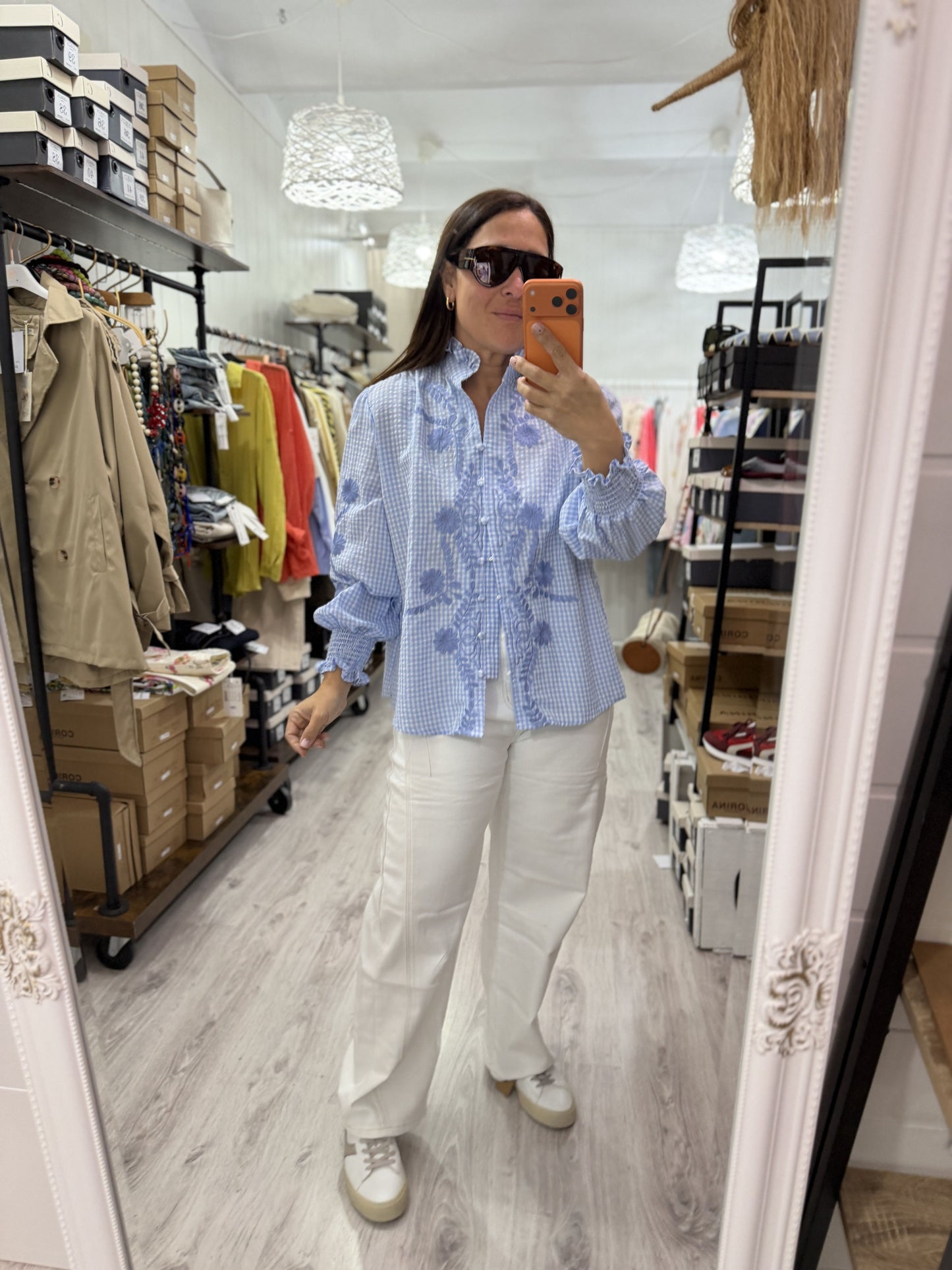 Camisa Vichy flores azul