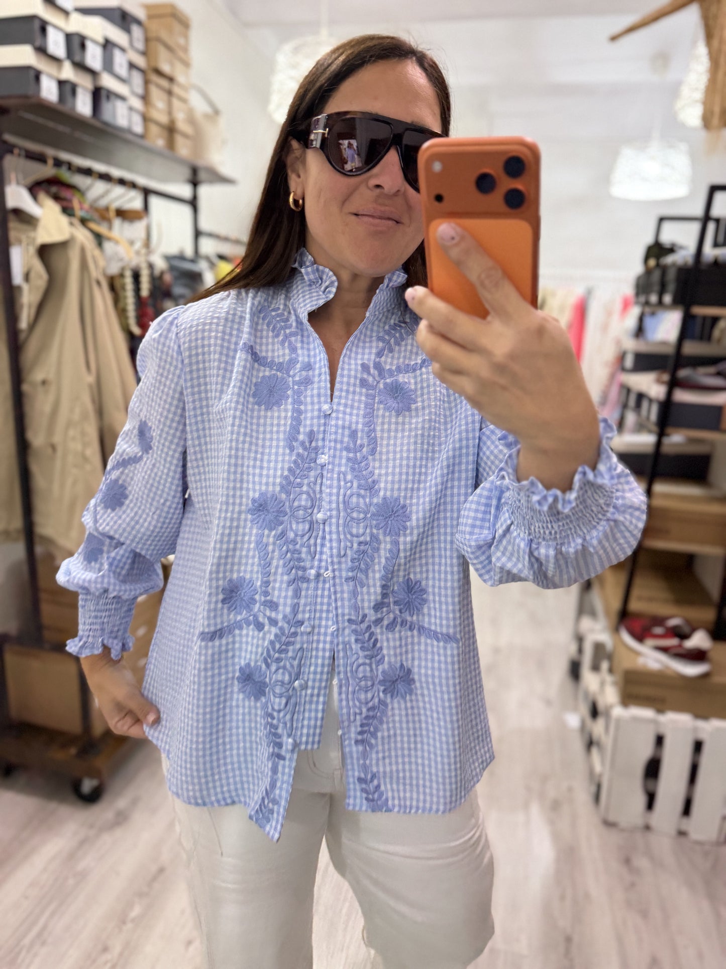 Camisa Vichy flores azul