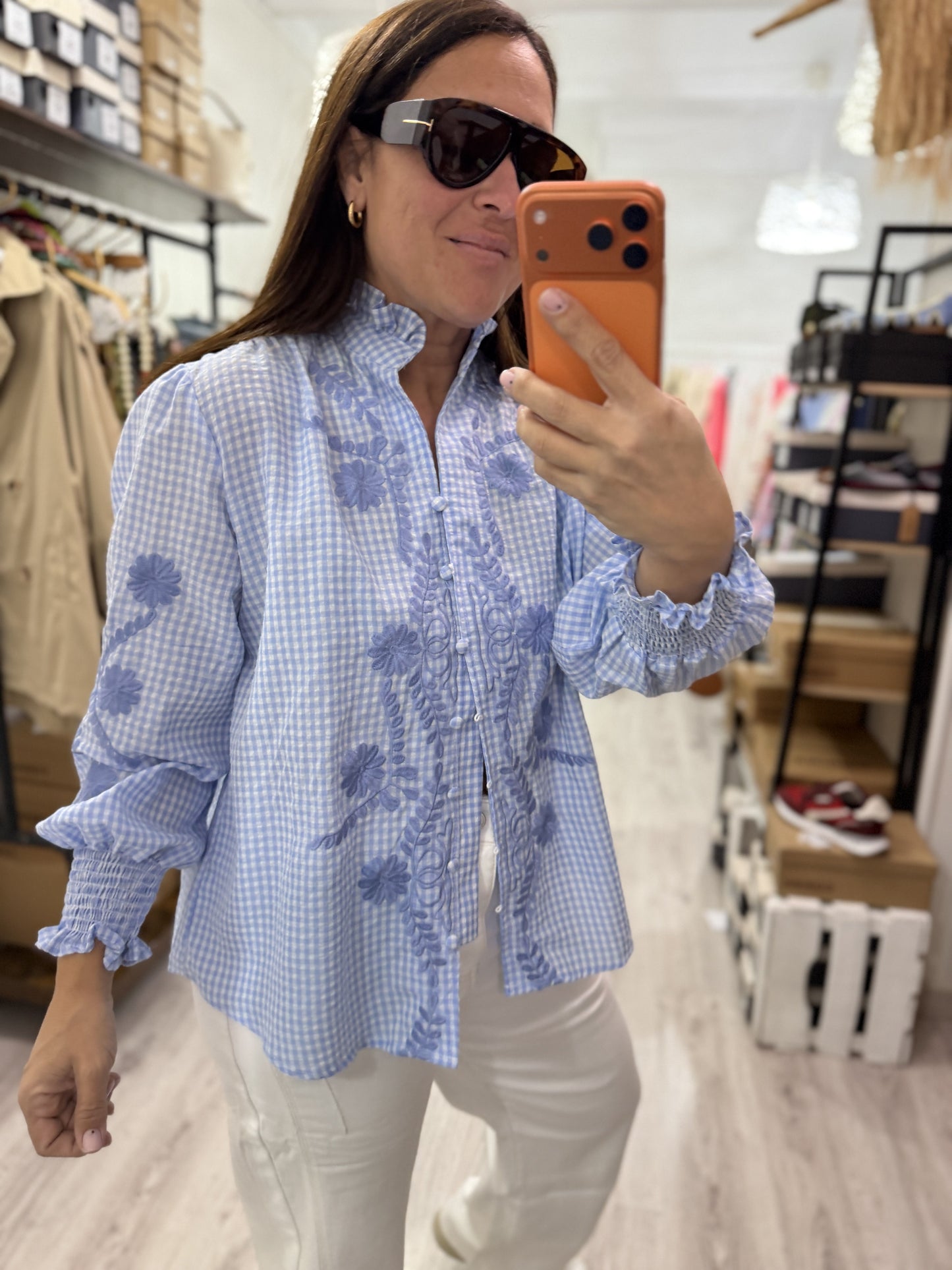 Camisa Vichy flores azul