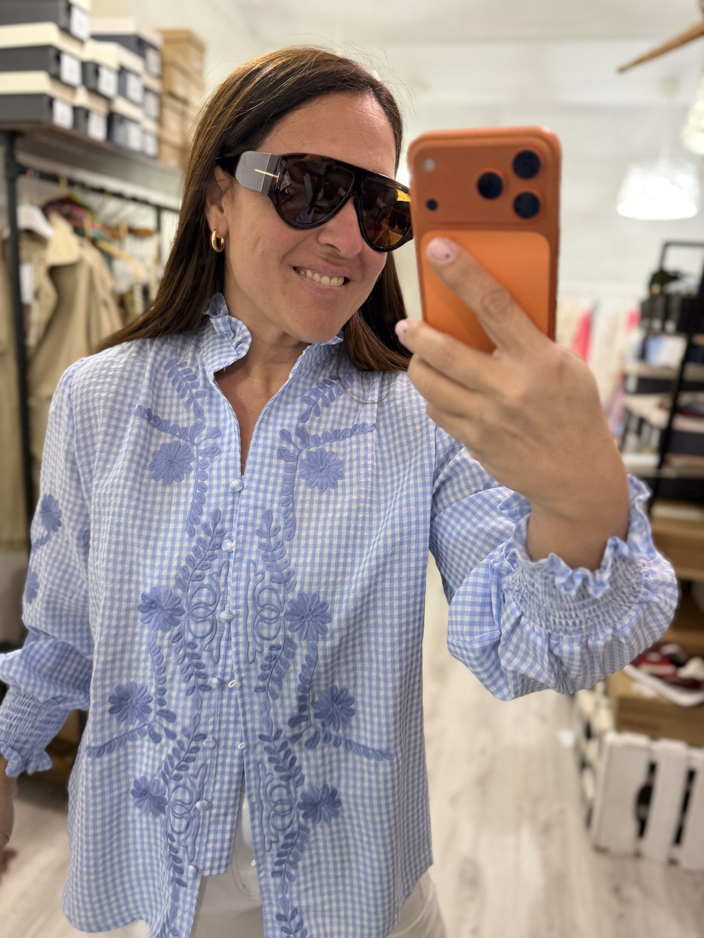 Camisa Vichy flores azul