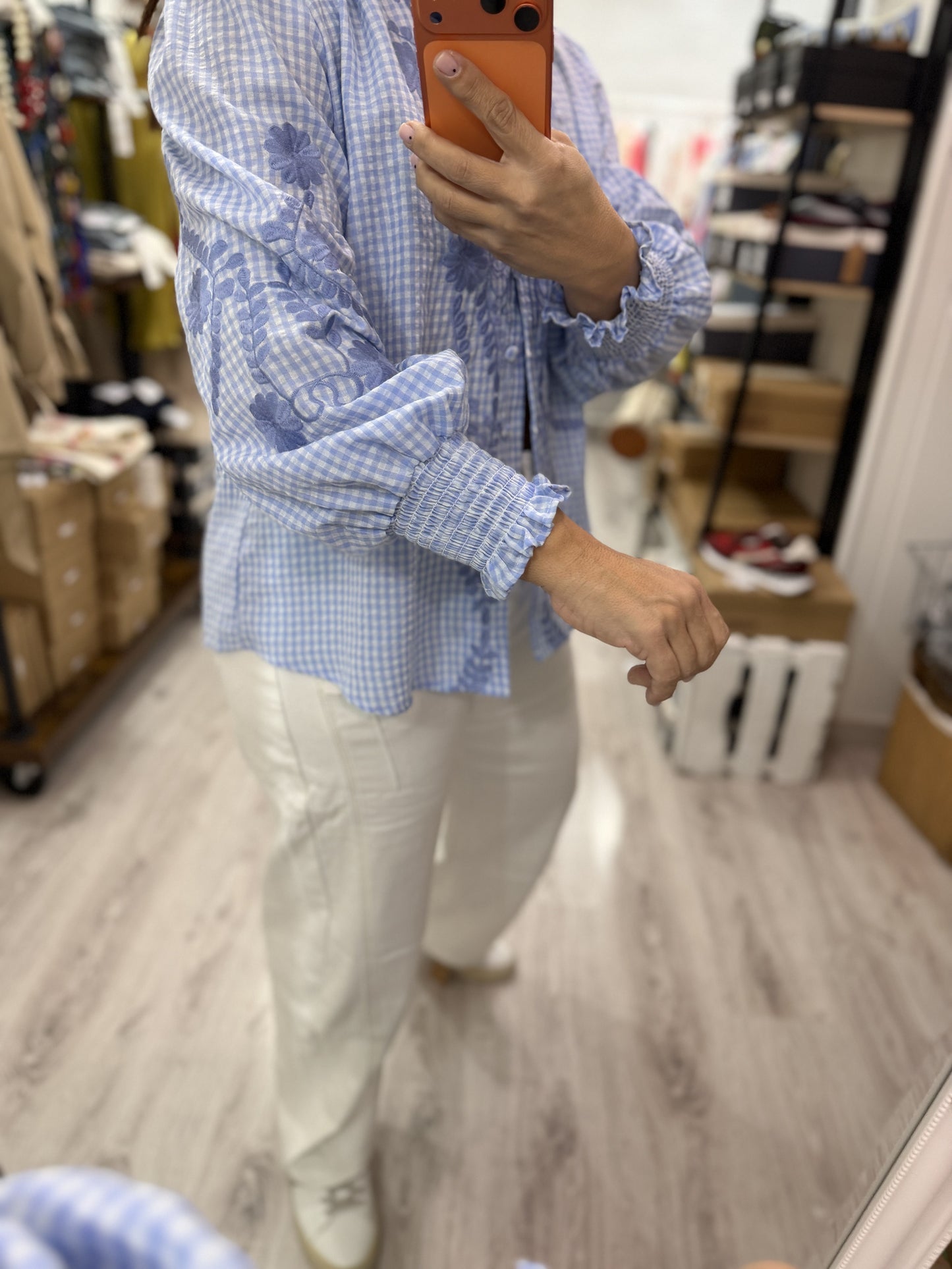 Camisa Vichy flores azul