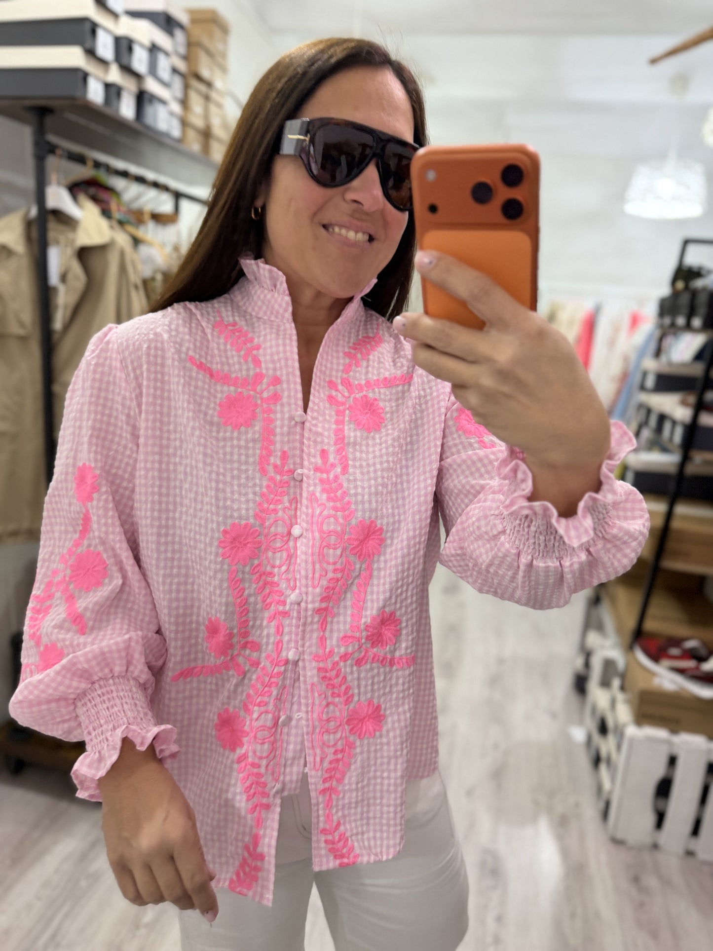 Camisa Vichy flores rosa