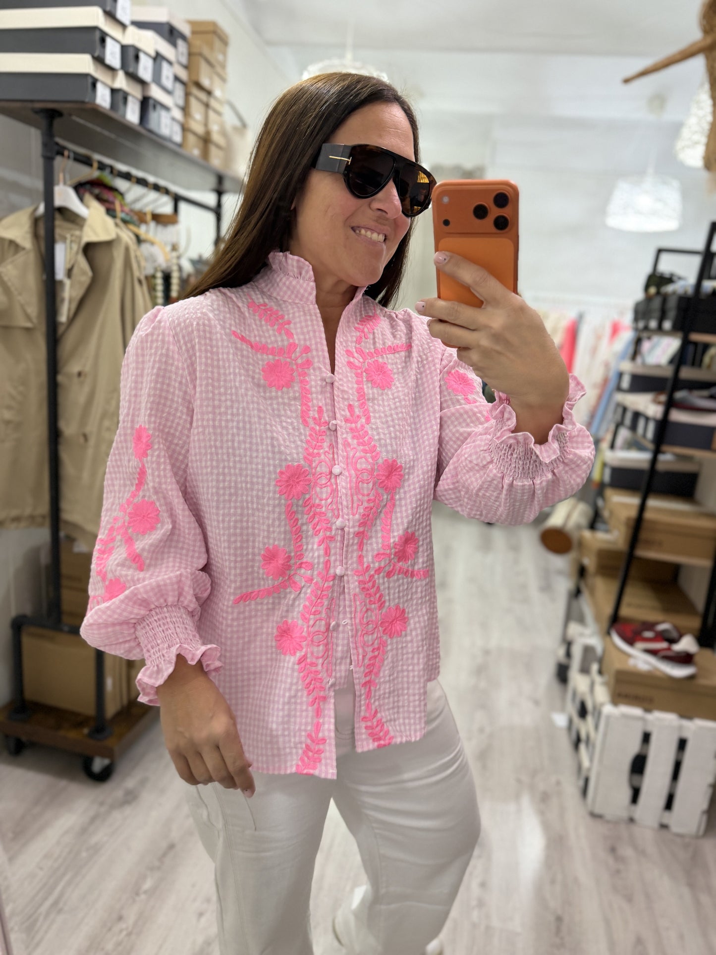 Camisa Vichy flores rosa