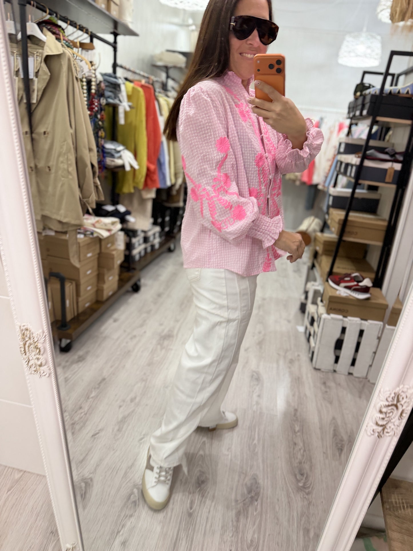 Camisa Vichy flores rosa