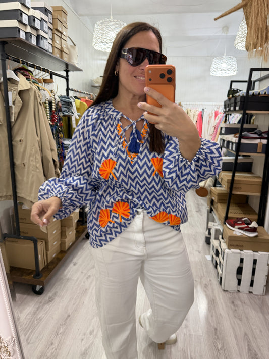 Blusa Jaipur zigzag azul