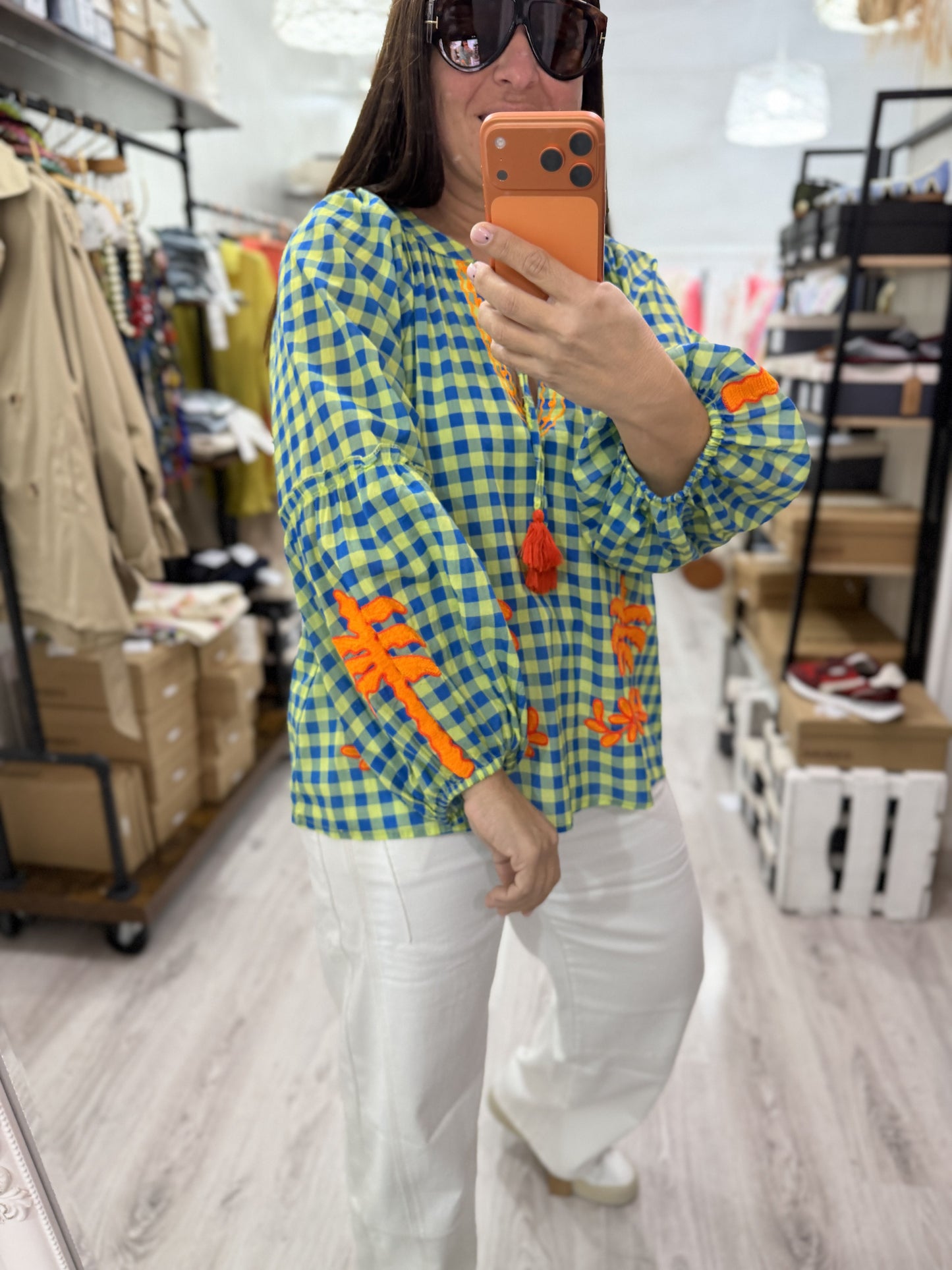 Blusa Jaipur vichy azul y verde