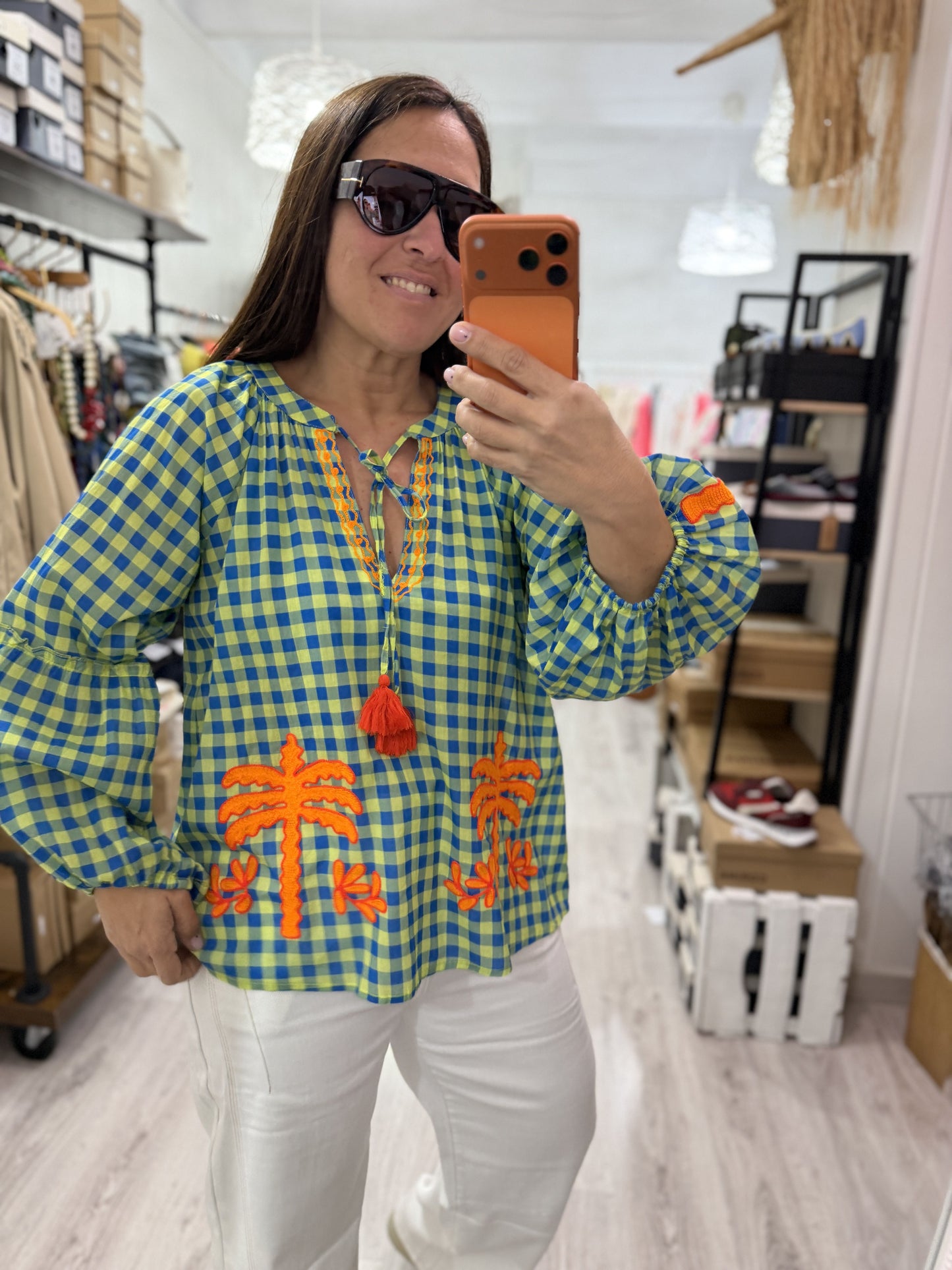 Blusa Jaipur vichy azul y verde