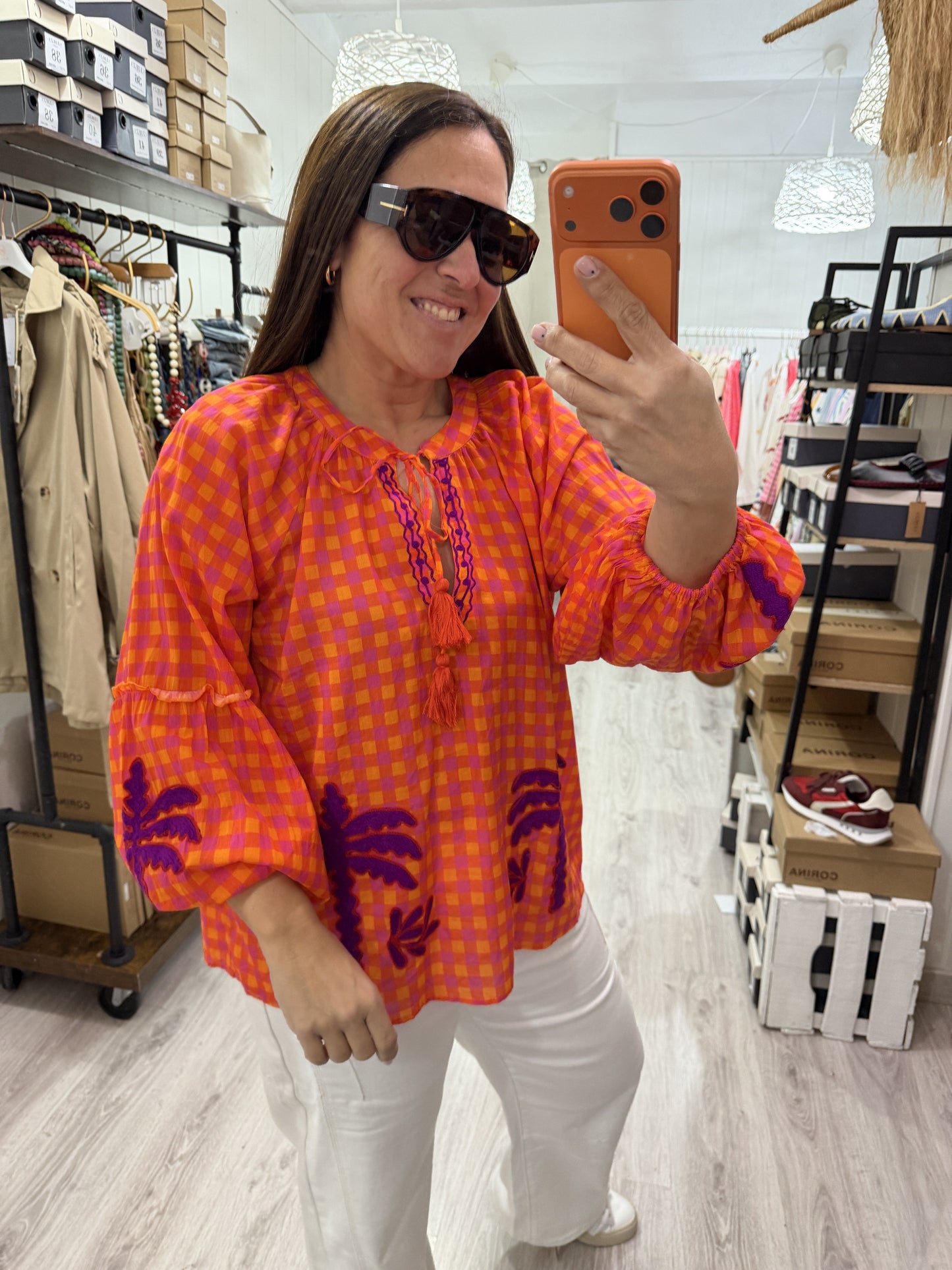 Blusa Jaipur vichy naranja y lila